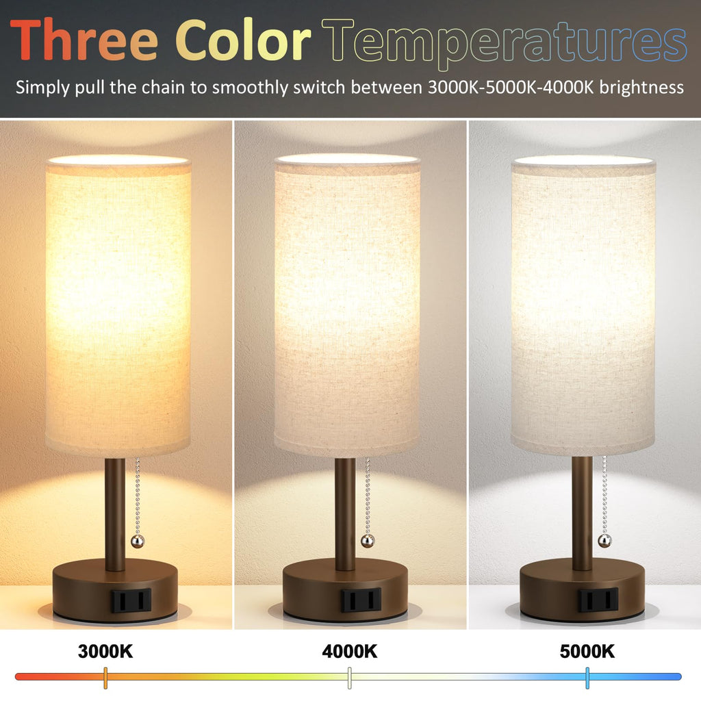 Bedside Table Lamps Set of 2-3 Color Temperatures Pull Chain Lamp with AC Outlet Charging Port, Small Round Night Stand Lamps for Bedroom Guest Room Office, Bed Side Light with E26 LED Bulbs