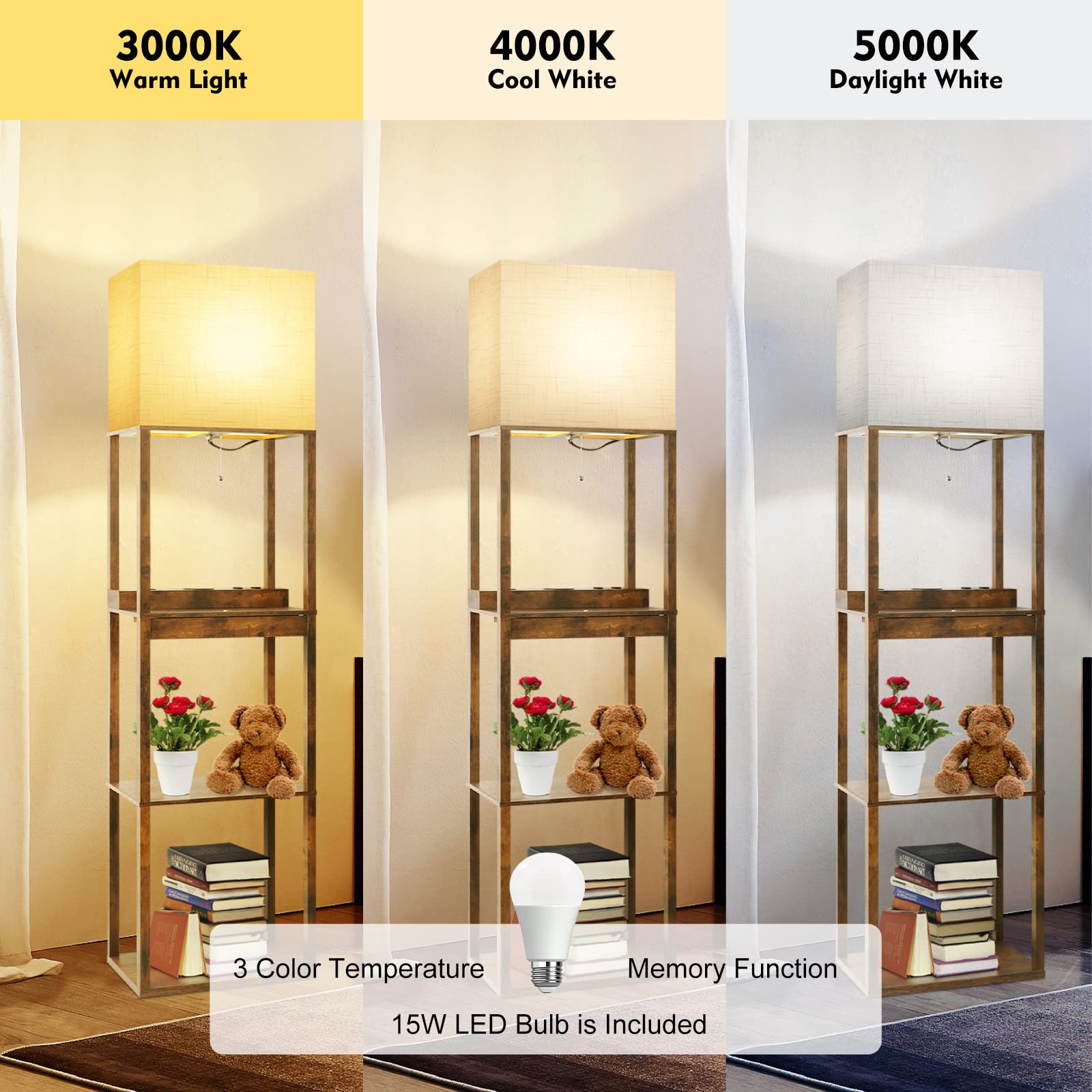 RUNTOP Floor Lamp with Shelves, Modern Shelf Lamp for Display Storage, 3 Color Temperature Wood Narrow Standing Corner Lamp with 8W Bulb for Living Room Decor, Bedroom, Office, Home Decor(Brown)