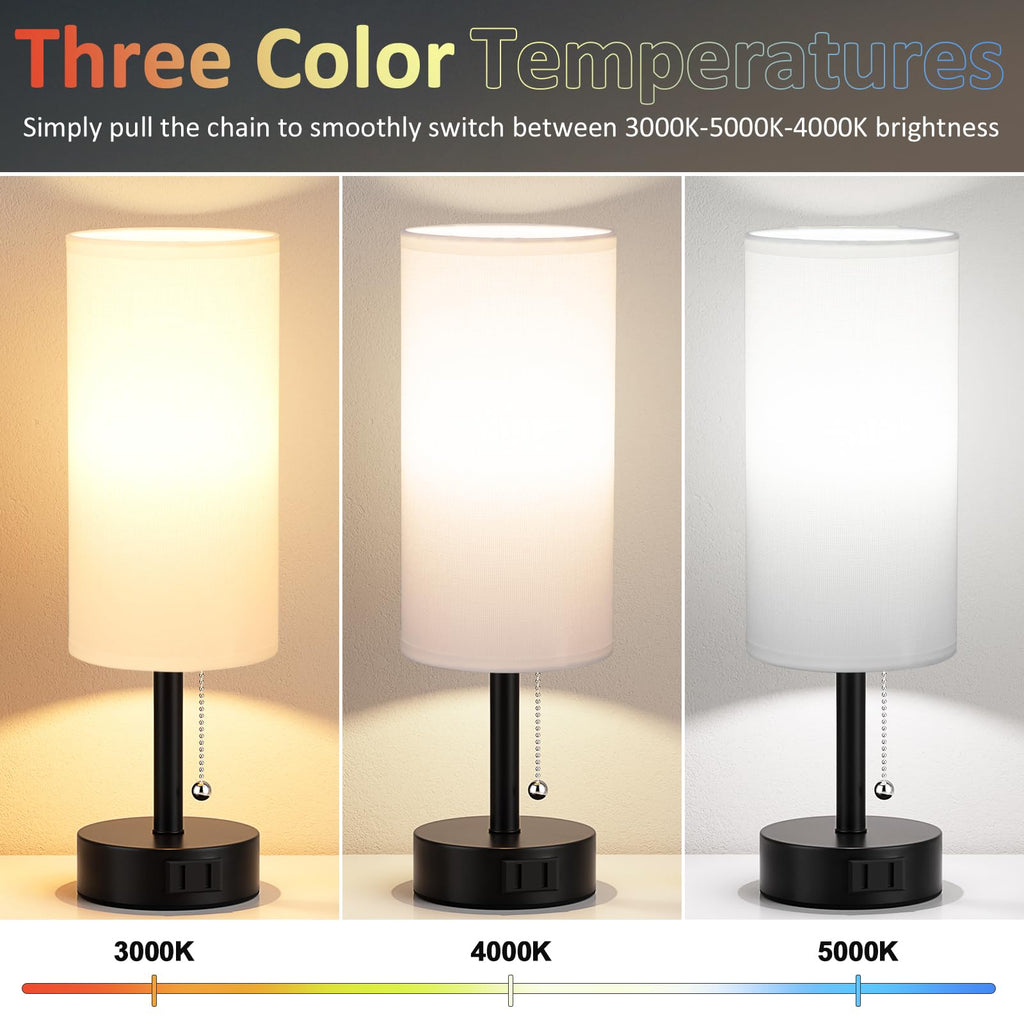 Bedside Table Lamps Set of 2-3 Color Temperatures Pull Chain Lamp with AC Outlet Charging Port, Small Round Night Stand Lamps for Bedroom Guest Room Office, Bed Side Light with E26 LED Bulbs