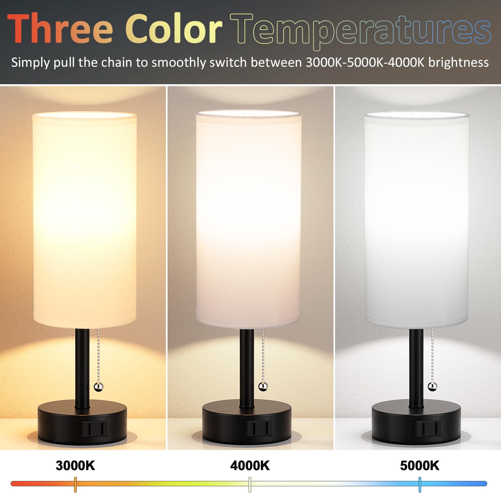 Bedside Table Lamps Set of 2-3 Color Temperatures Pull Chain Lamp with AC Outlet Charging Port, Small Round Night Stand Lamps for Bedroom Guest Room Office, Bed Side Light with E26 LED Bulbs