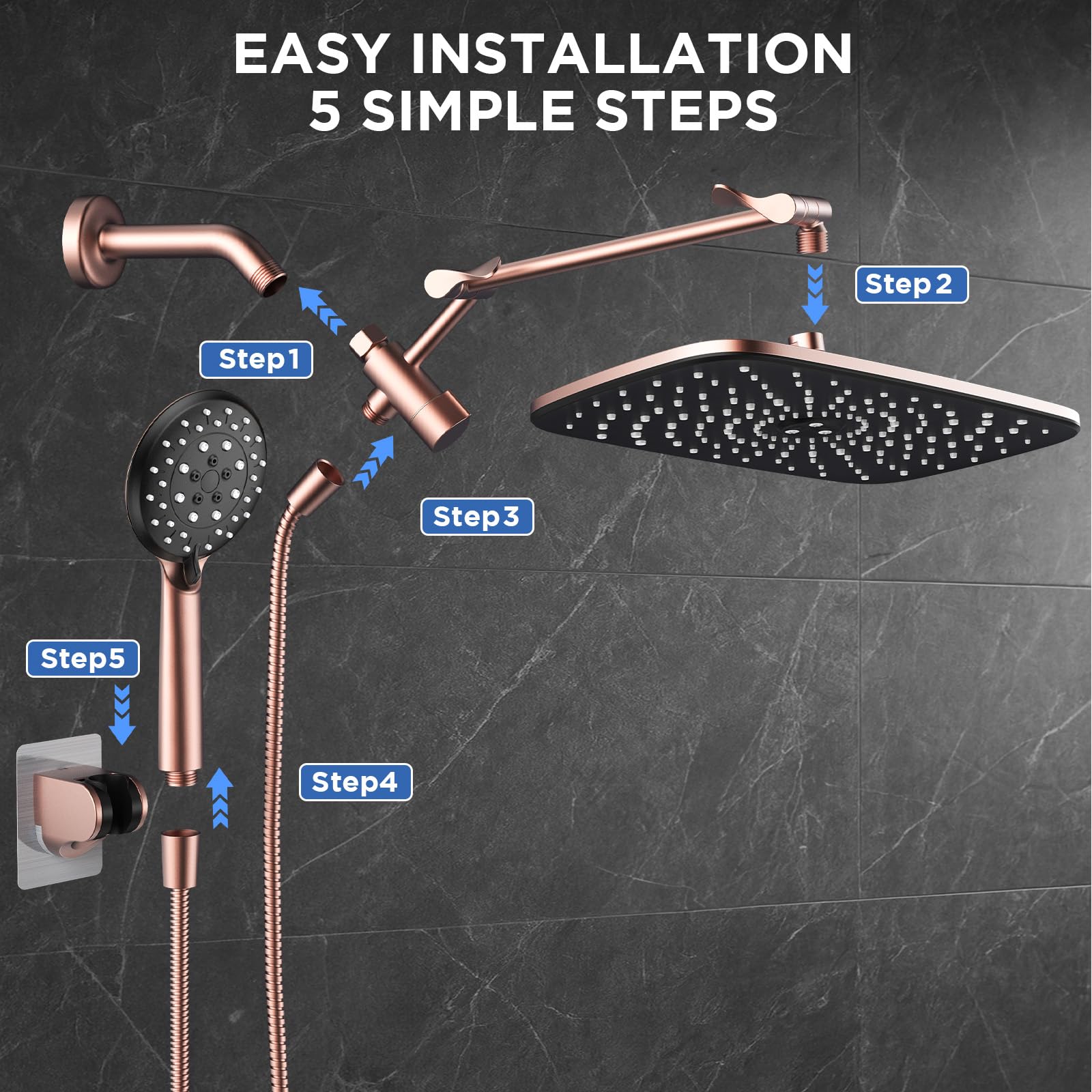 Veken Wide High Pressure Rain Shower Head with Handheld, Handheld Shower Heads with Multi Spray Modes, Rainfall Combo with 15" Metal Extension Arm,Detachable Dual Shower, Bathroom Decor,Chrome Silver
