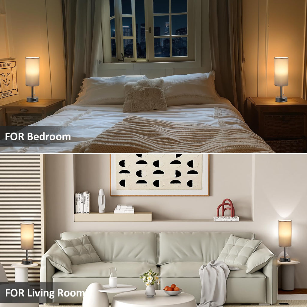 Bedside Table Lamps Set of 2-3 Color Temperatures Pull Chain Lamp with AC Outlet Charging Port, Small Round Night Stand Lamps for Bedroom Guest Room Office, Bed Side Light with E26 LED Bulbs