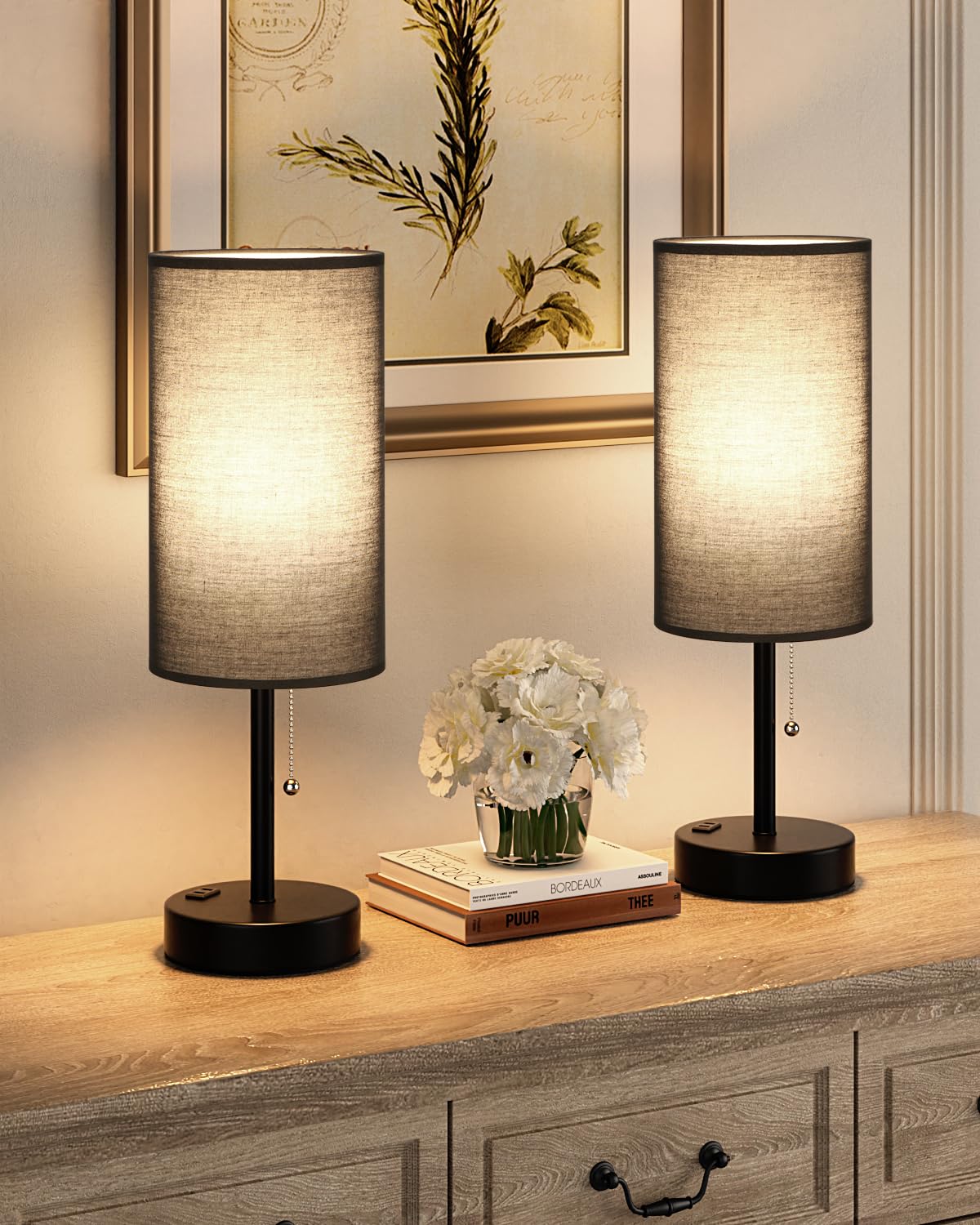 Bedside Table Lamps Set of 2-3 Color Temperatures Pull Chain Lamp with AC Outlet Charging Port, Small Round Night Stand Lamps for Bedroom Guest Room Office, Bed Side Light with E26 LED Bulbs