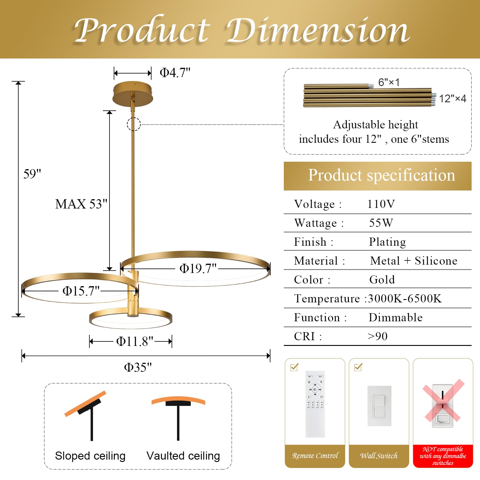 Black LED Chandelier for Dining Room, 27.76in Dimmable 4-Lights Modern Ceiling Pendant Light Fixture for Kitchen Living Room Entry Foyer 3000K/4000K/5000K 24W