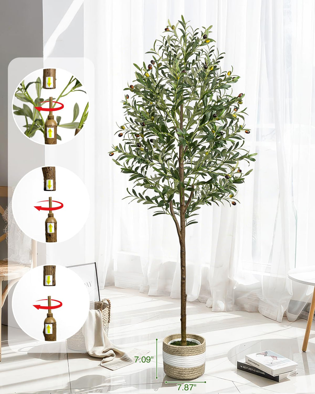 6FT Artificial Olive Tree - Indoor Tall Faux Olive Trees with Planter&Basket, Large Fake Olive Silk Tree Realistic Olive Plants with Branches and Fruits for Home Decor Office Living Room