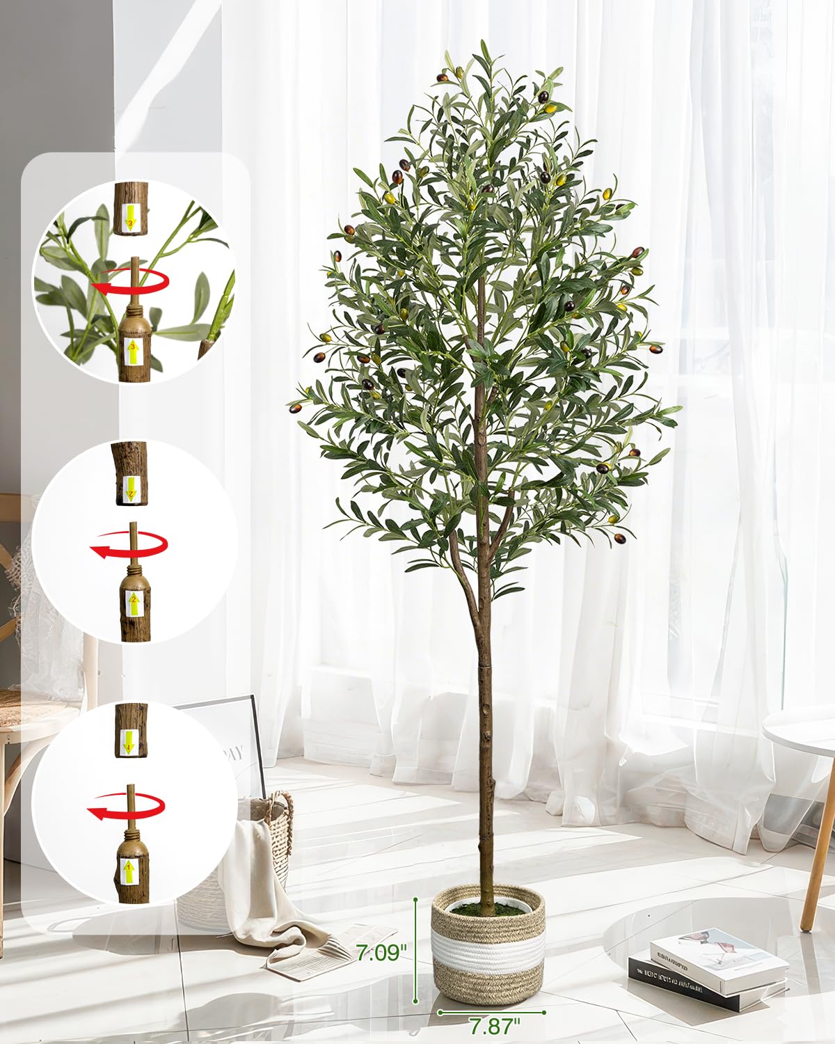 6FT Artificial Olive Tree - Indoor Tall Faux Olive Trees with Planter&Basket, Large Fake Olive Silk Tree Realistic Olive Plants with Branches and Fruits for Home Decor Office Living Room