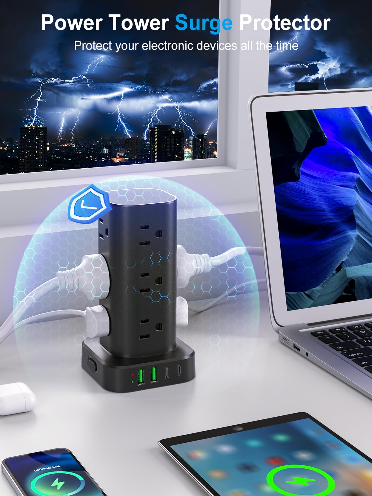 Power Strip Tower with Wireless Charger, Flat Plug Surge Protector Tower with 6FT Extension Cord, 12 AC Multiple Outlets, 4 USB (2 USB C),15W Wireless Charging Power Tower for Home Office Dorm, White