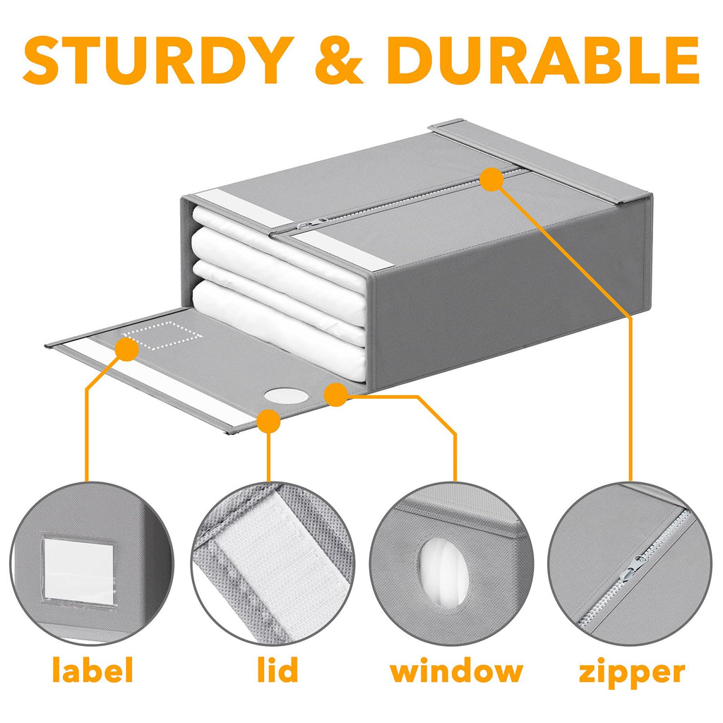 SpaceAid 4 Pack Bed Sheet Organizers and Storage, Foldable Organizer for Linen Closet, Sheets Set Folder Keeper with Window XL (Queen & King Size) Organizing Bedding Container, Gray 91ZDSN-SL01-G4