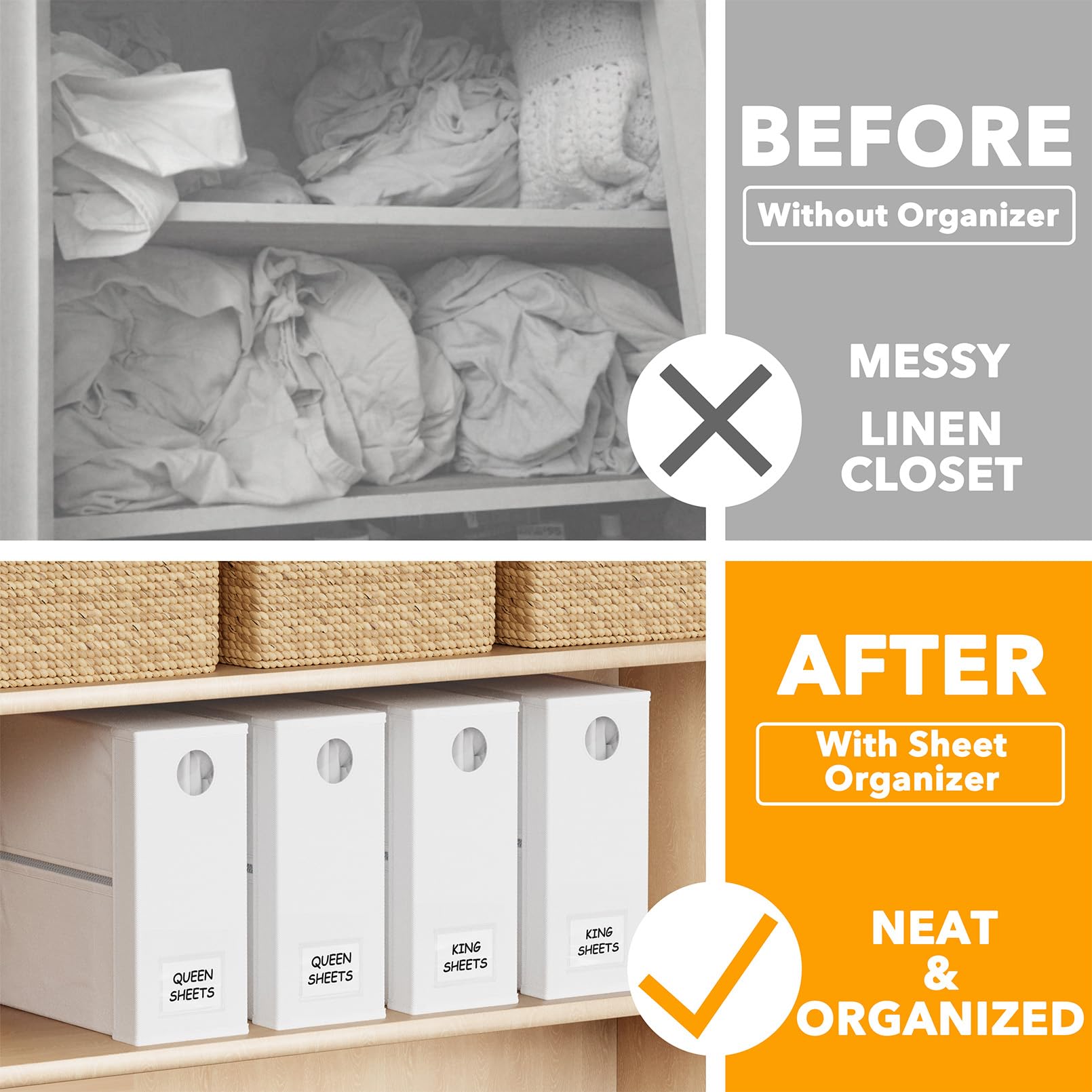 SpaceAid 4 Pack Bed Sheet Organizers and Storage, Foldable Organizer for Linen Closet, Sheets Set Folder Keeper with Window XL (Queen & King Size) Organizing Bedding Container, Gray 91ZDSN-SL01-G4