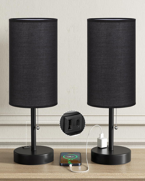 Bedside Table Lamps Set of 2-3 Color Temperatures Pull Chain Lamp with AC Outlet Charging Port, Small Round Night Stand Lamps for Bedroom Guest Room Office, Bed Side Light with E26 LED Bulbs
