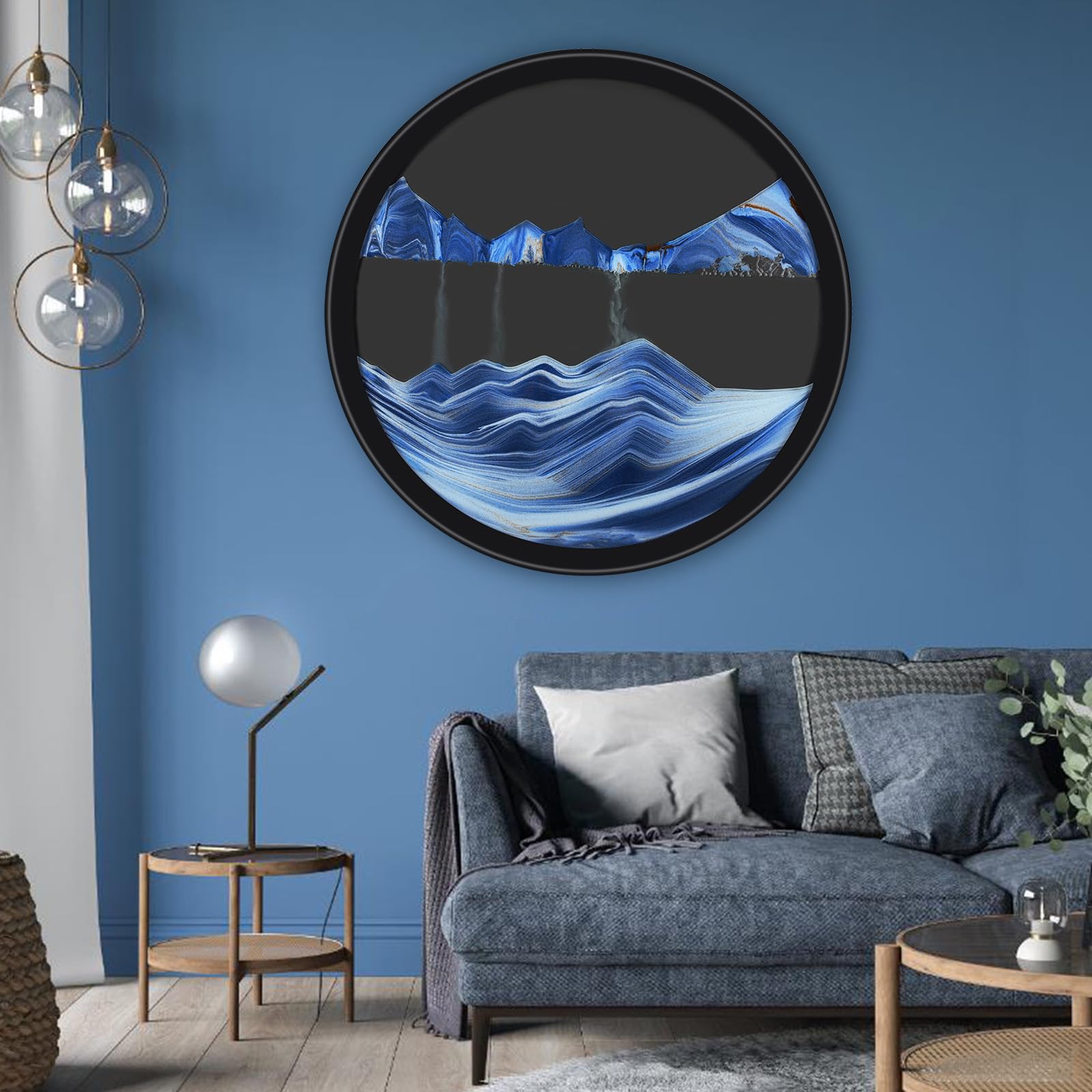 17.3" Moving Sand Art, 3D Sand Art Pictures Deep Sea Sandscape Living Room Decoration, 360° Rotate, Glass Crafts Solid Wood Frame, Relaxing Mood Home Office Work Wall Art Decor