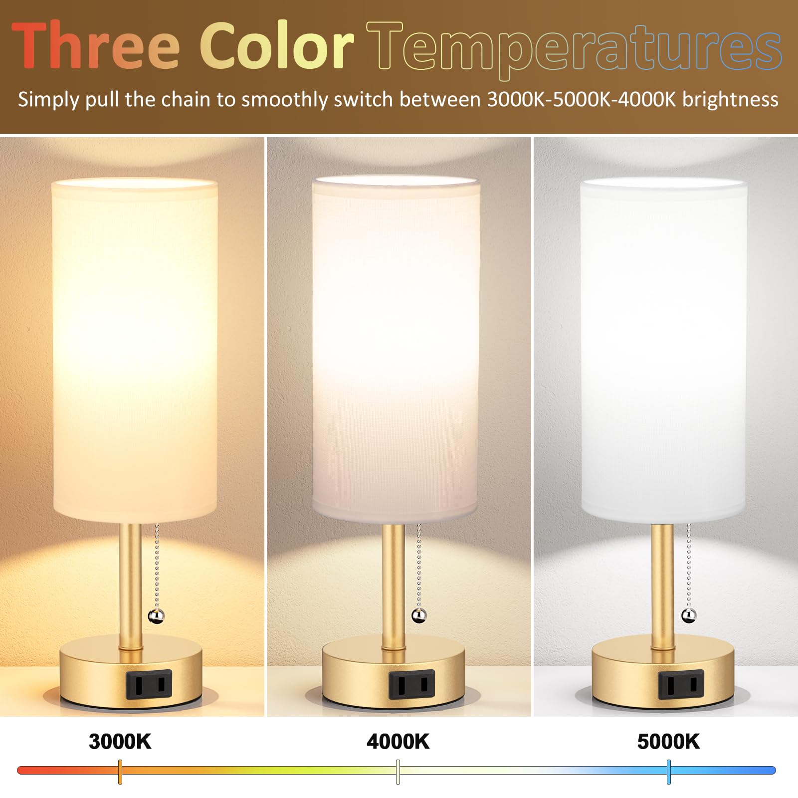 Bedside Table Lamps Set of 2-3 Color Temperatures Pull Chain Lamp with AC Outlet Charging Port, Small Round Night Stand Lamps for Bedroom Guest Room Office, Bed Side Light with E26 LED Bulbs