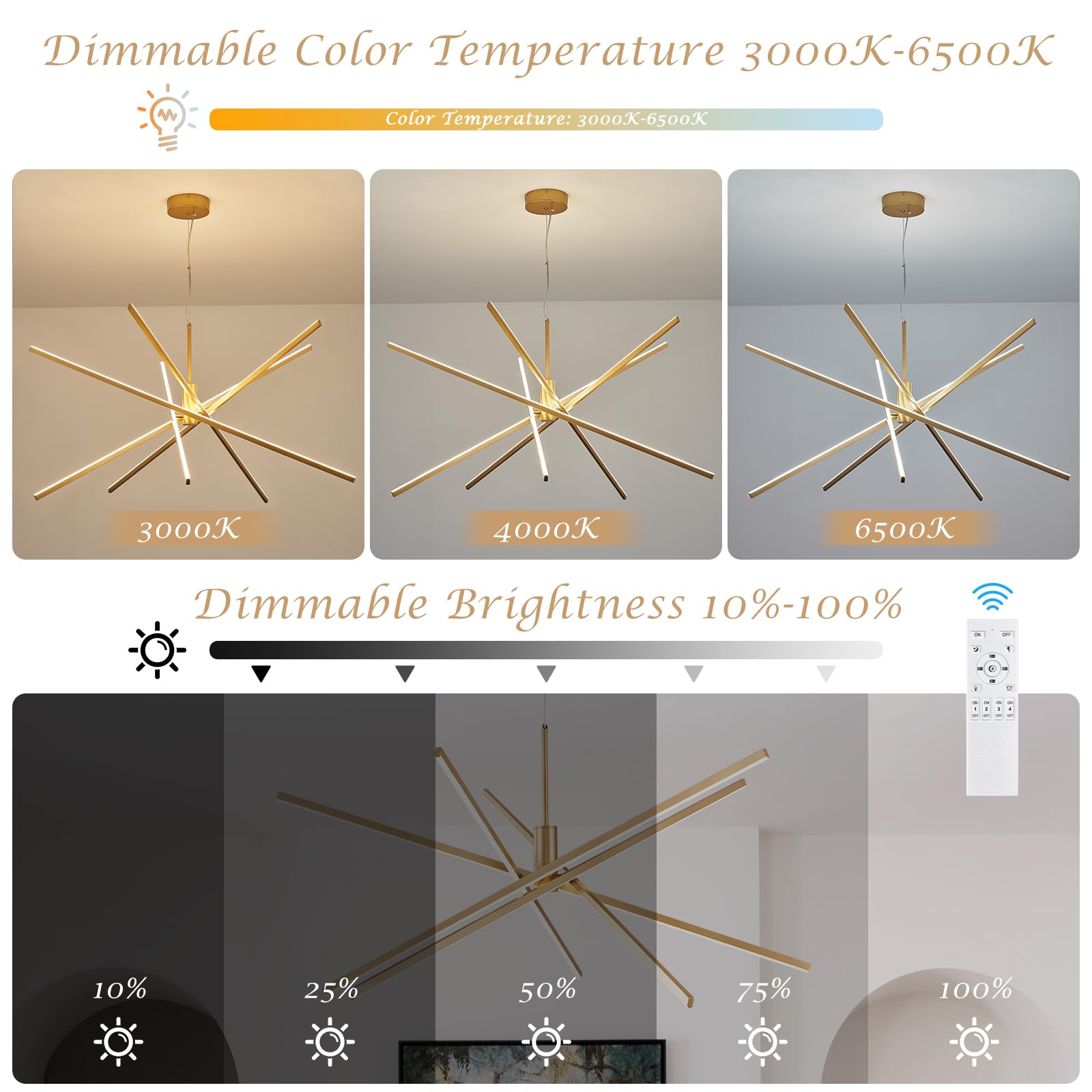 Black LED Chandelier for Dining Room, 27.76in Dimmable 4-Lights Modern Ceiling Pendant Light Fixture for Kitchen Living Room Entry Foyer 3000K/4000K/5000K 24W