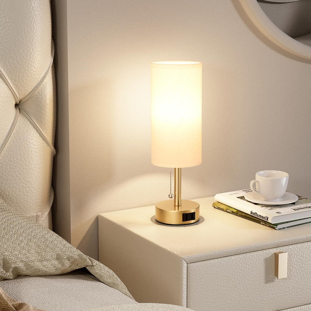 Bedside Table Lamps Set of 2-3 Color Temperatures Pull Chain Lamp with AC Outlet Charging Port, Small Round Night Stand Lamps for Bedroom Guest Room Office, Bed Side Light with E26 LED Bulbs