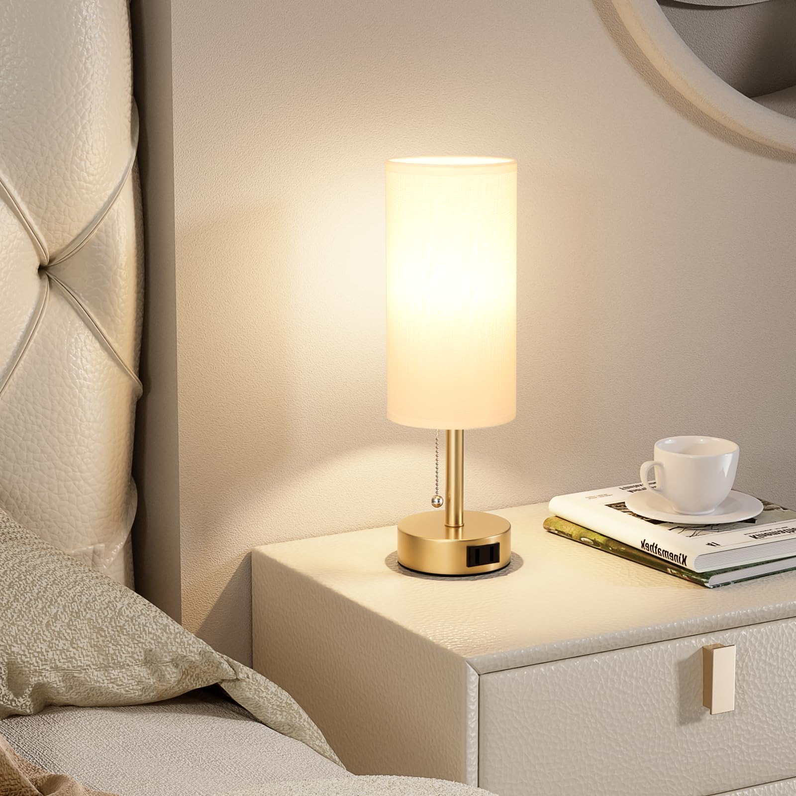 Bedside Table Lamps Set of 2-3 Color Temperatures Pull Chain Lamp with AC Outlet Charging Port, Small Round Night Stand Lamps for Bedroom Guest Room Office, Bed Side Light with E26 LED Bulbs