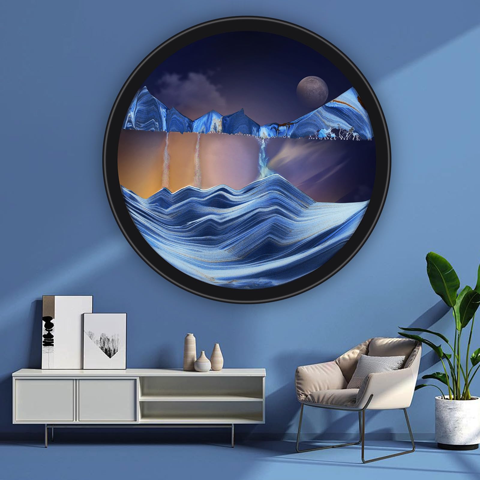 17.3" Moving Sand Art, 3D Sand Art Pictures Deep Sea Sandscape Living Room Decoration, 360° Rotate, Glass Crafts Solid Wood Frame, Relaxing Mood Home Office Work Wall Art Decor
