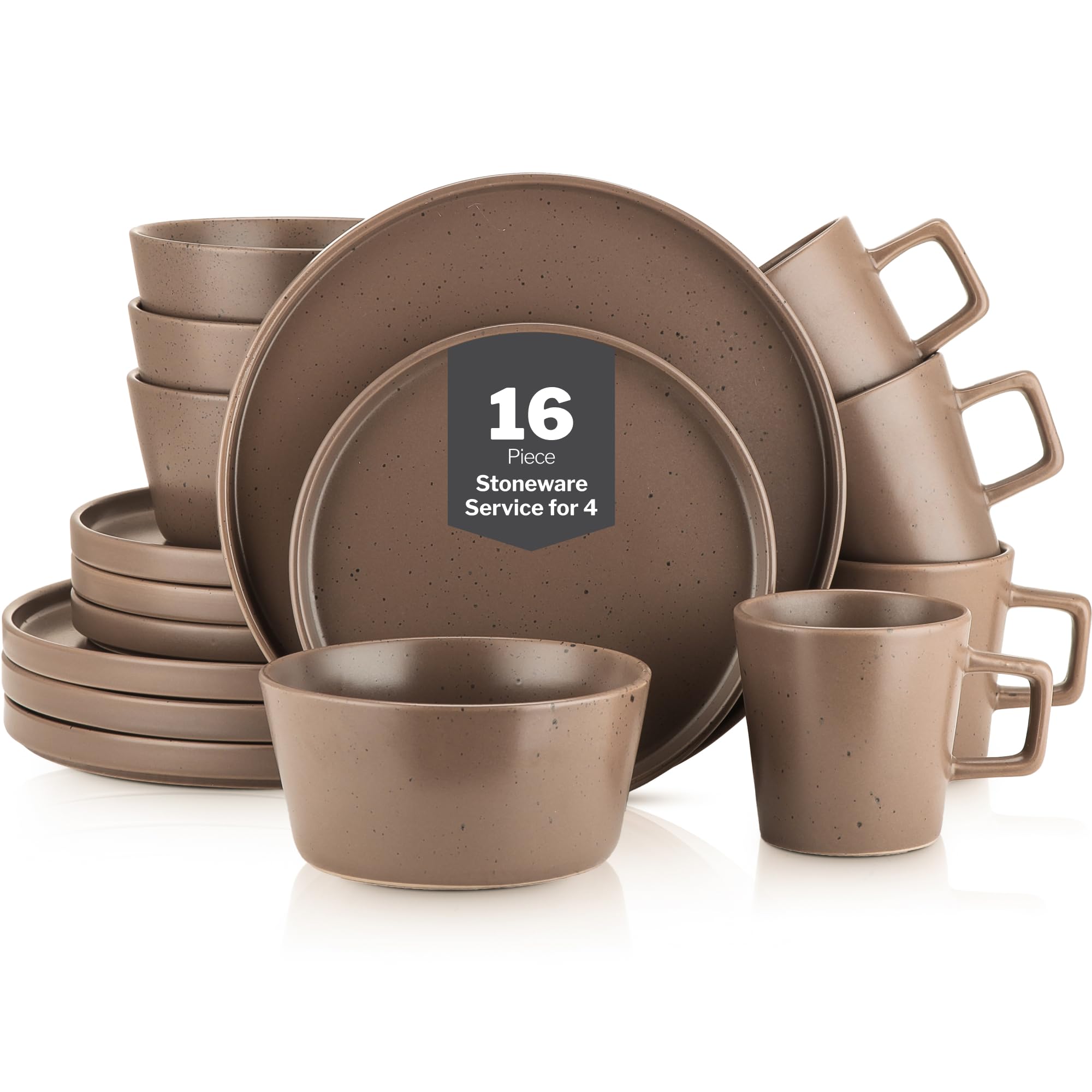 Stone Lain Celina Stoneware 16 Piece Dinnerware Set, Plates and Bowls, Black Matte Dish, Service for 4 – Minimalist Round Style, Microwave & Dishwasher Safe