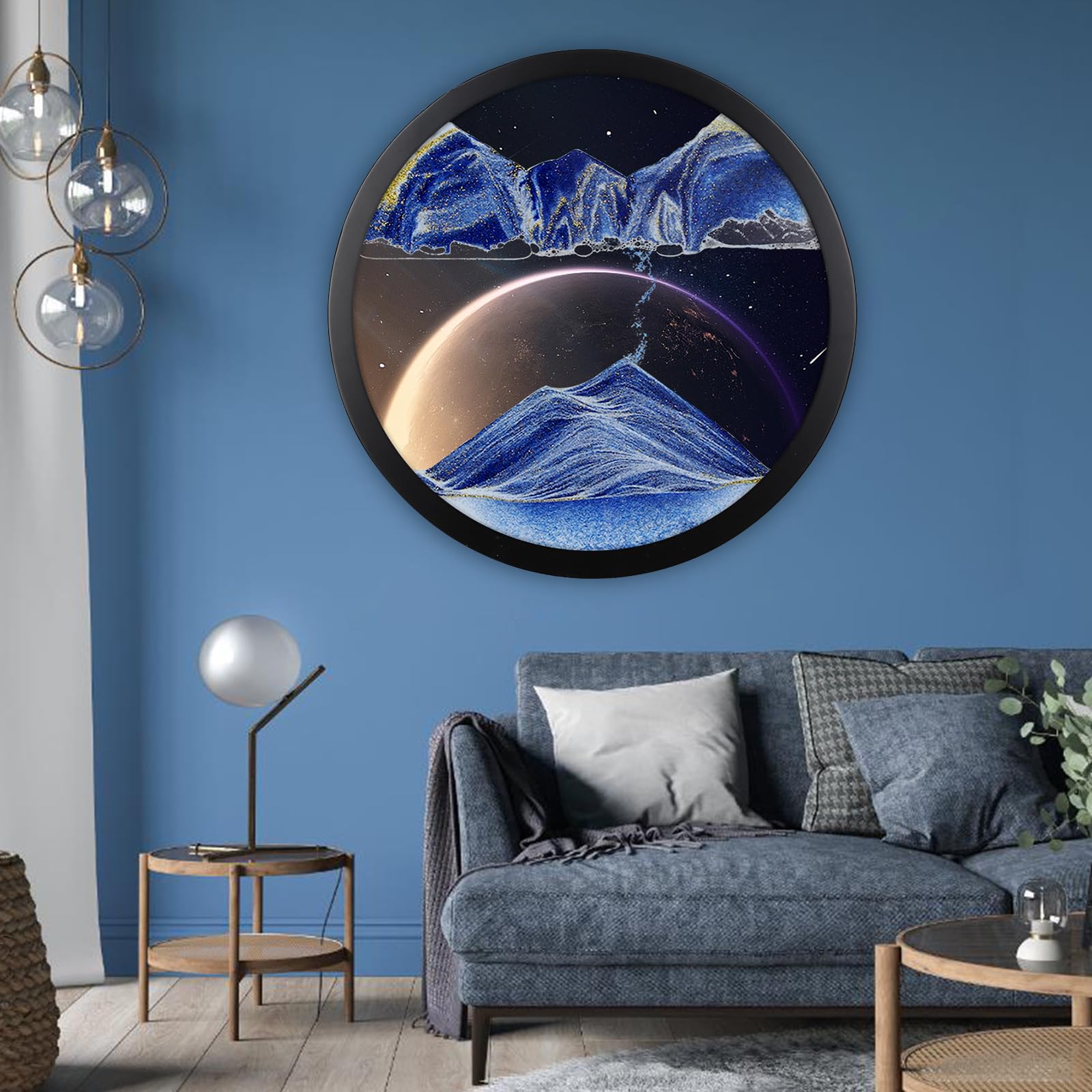 17.3" Moving Sand Art, 3D Sand Art Pictures Deep Sea Sandscape Living Room Decoration, 360° Rotate, Glass Crafts Solid Wood Frame, Relaxing Mood Home Office Work Wall Art Decor