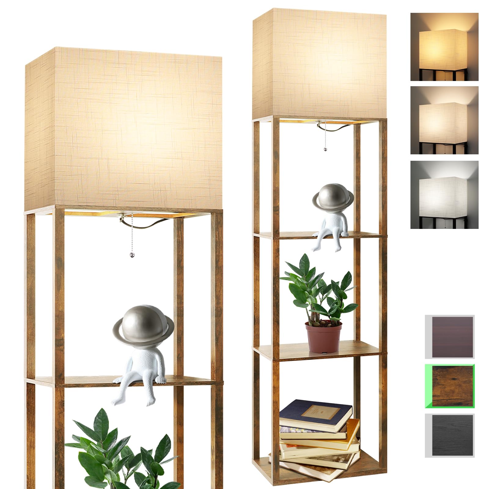 RUNTOP Floor Lamp with Shelves, Modern Shelf Lamp for Display Storage, 3 Color Temperature Wood Narrow Standing Corner Lamp with 8W Bulb for Living Room Decor, Bedroom, Office, Home Decor(Brown)