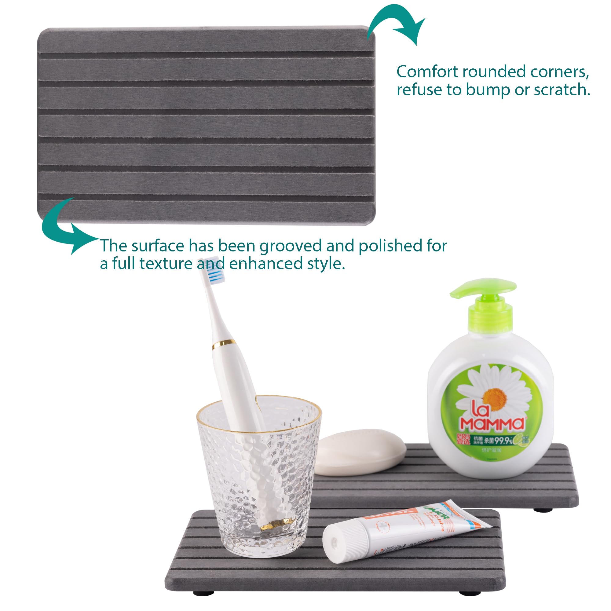 NiuYichee 2 PCS Water Absorbent diatomite Coasters, 8.3" x 4" Water Absorbing Stone Tray for Sink, Stone Drying mat for Kitchen Counter, Stone soap Tray Used for Hand Soaps & toiletries & Plants