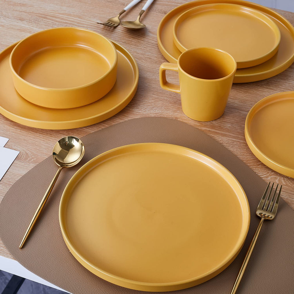 Stone Lain Celina Stoneware 16 Piece Dinnerware Set, Plates and Bowls, Black Matte Dish, Service for 4 – Minimalist Round Style, Microwave & Dishwasher Safe