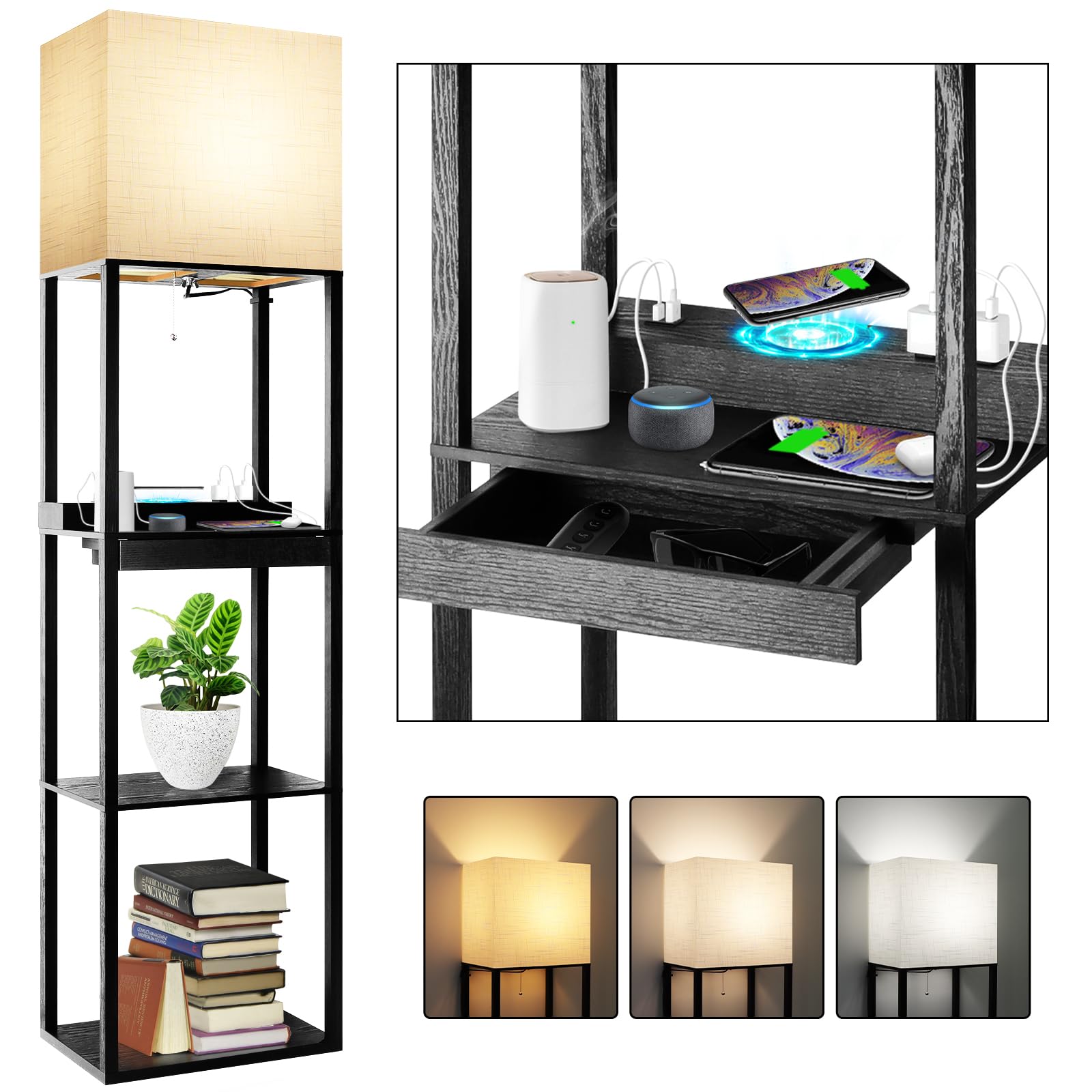 RUNTOP Floor Lamp with Shelves, Modern Shelf Lamp for Display Storage, 3 Color Temperature Wood Narrow Standing Corner Lamp with 8W Bulb for Living Room Decor, Bedroom, Office, Home Decor(Brown)