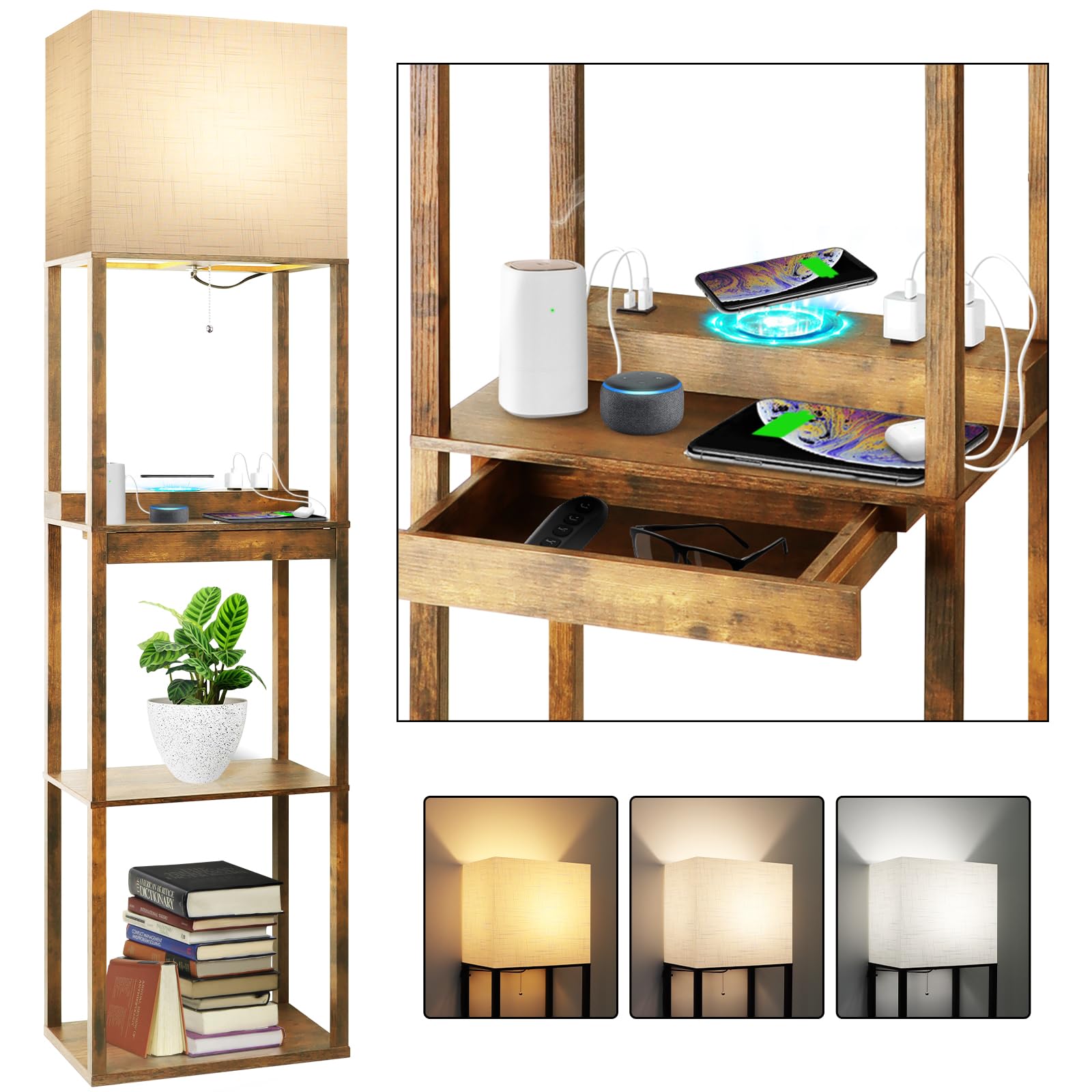 RUNTOP Floor Lamp with Shelves, Modern Shelf Lamp for Display Storage, 3 Color Temperature Wood Narrow Standing Corner Lamp with 8W Bulb for Living Room Decor, Bedroom, Office, Home Decor(Brown)