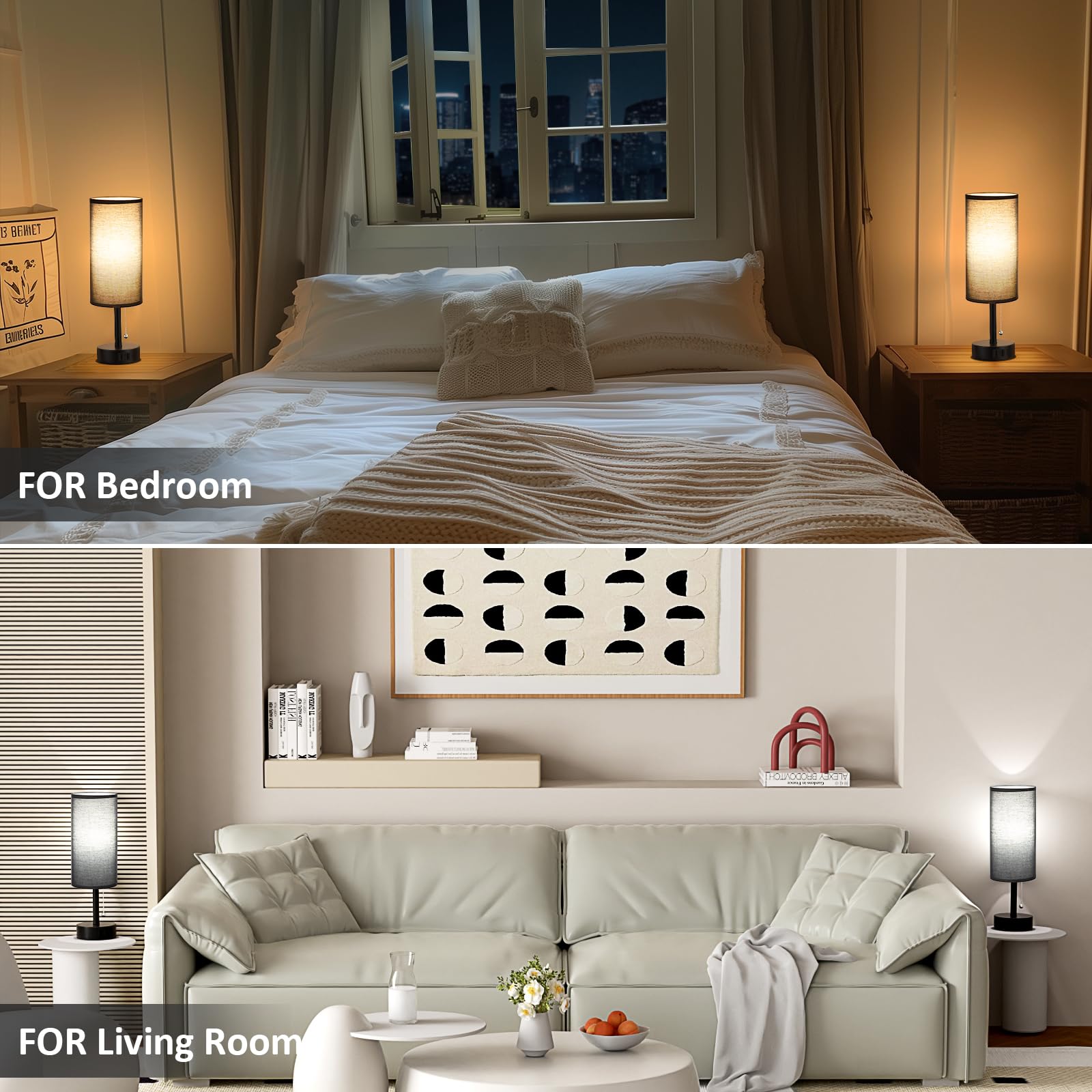 Bedside Table Lamps Set of 2-3 Color Temperatures Pull Chain Lamp with AC Outlet Charging Port, Small Round Night Stand Lamps for Bedroom Guest Room Office, Bed Side Light with E26 LED Bulbs