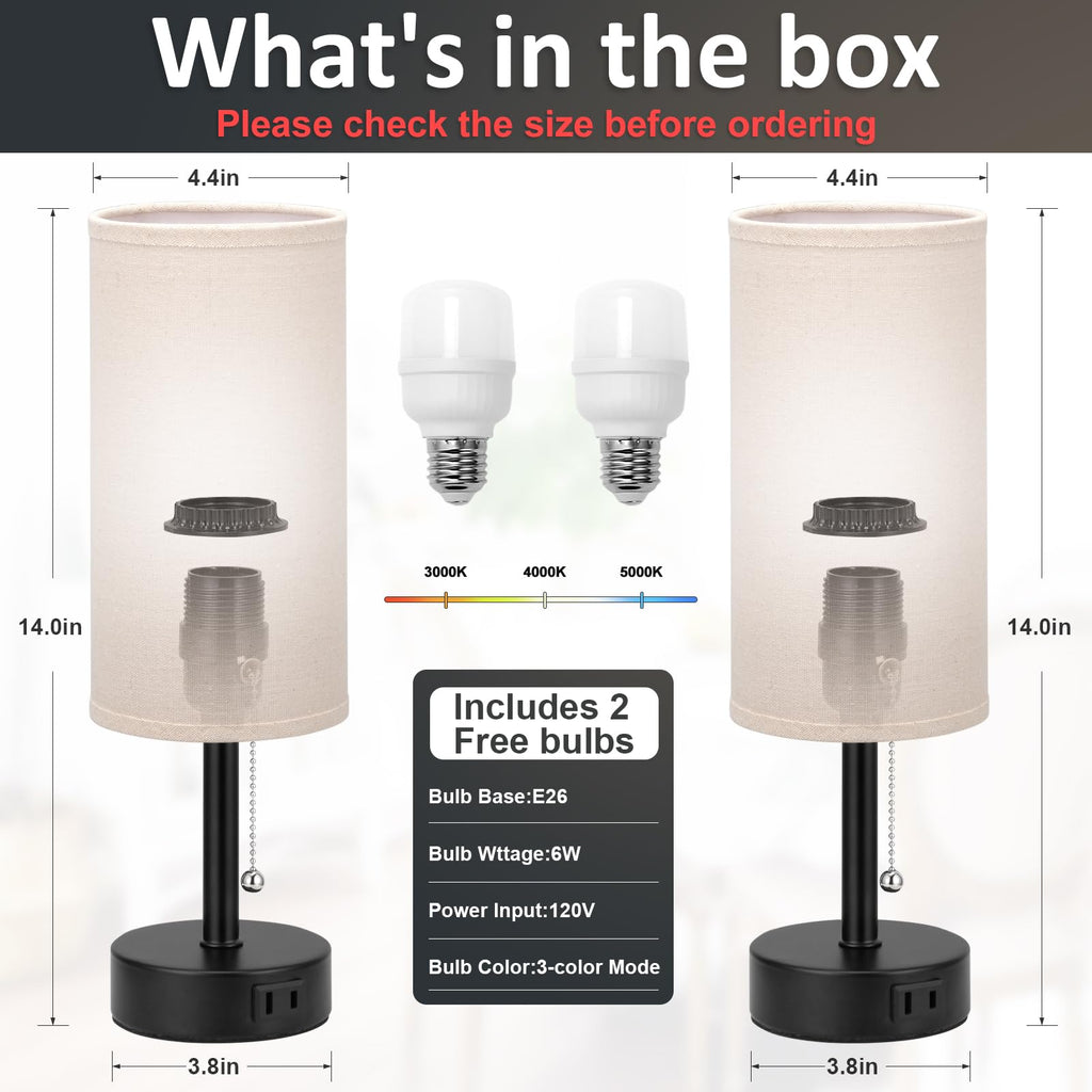 Bedside Table Lamps Set of 2-3 Color Temperatures Pull Chain Lamp with AC Outlet Charging Port, Small Round Night Stand Lamps for Bedroom Guest Room Office, Bed Side Light with E26 LED Bulbs