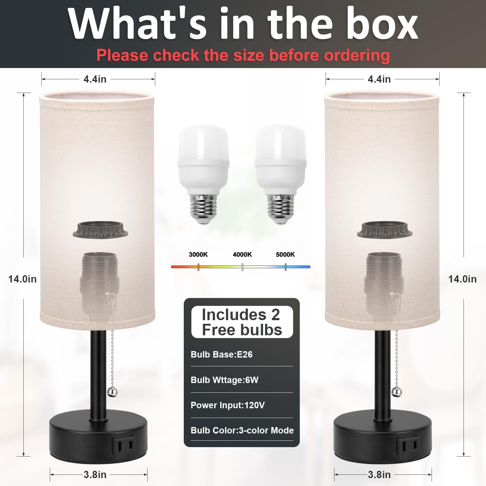 Bedside Table Lamps Set of 2-3 Color Temperatures Pull Chain Lamp with AC Outlet Charging Port, Small Round Night Stand Lamps for Bedroom Guest Room Office, Bed Side Light with E26 LED Bulbs