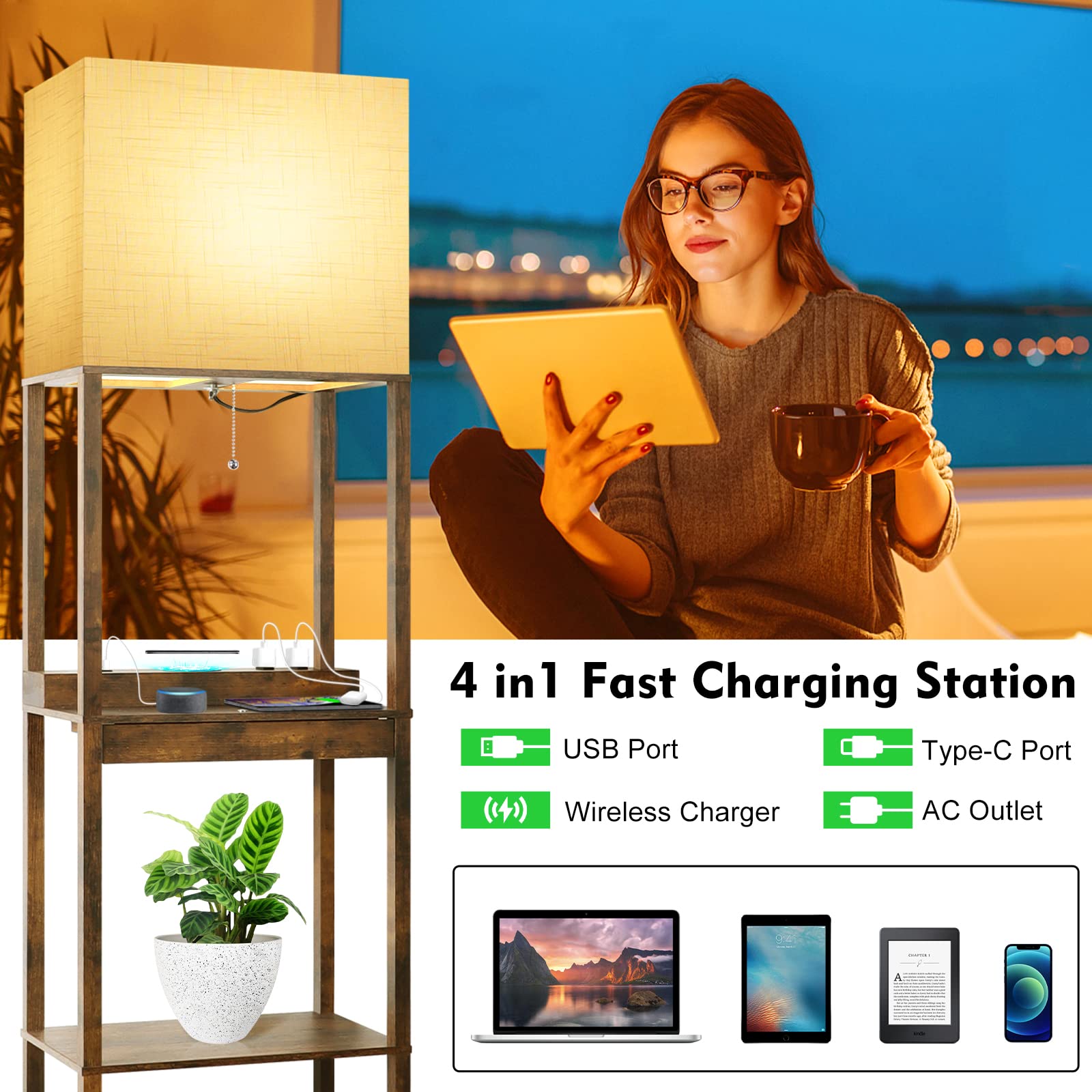 RUNTOP Floor Lamp with Shelves, Modern Shelf Lamp for Display Storage, 3 Color Temperature Wood Narrow Standing Corner Lamp with 8W Bulb for Living Room Decor, Bedroom, Office, Home Decor(Brown)