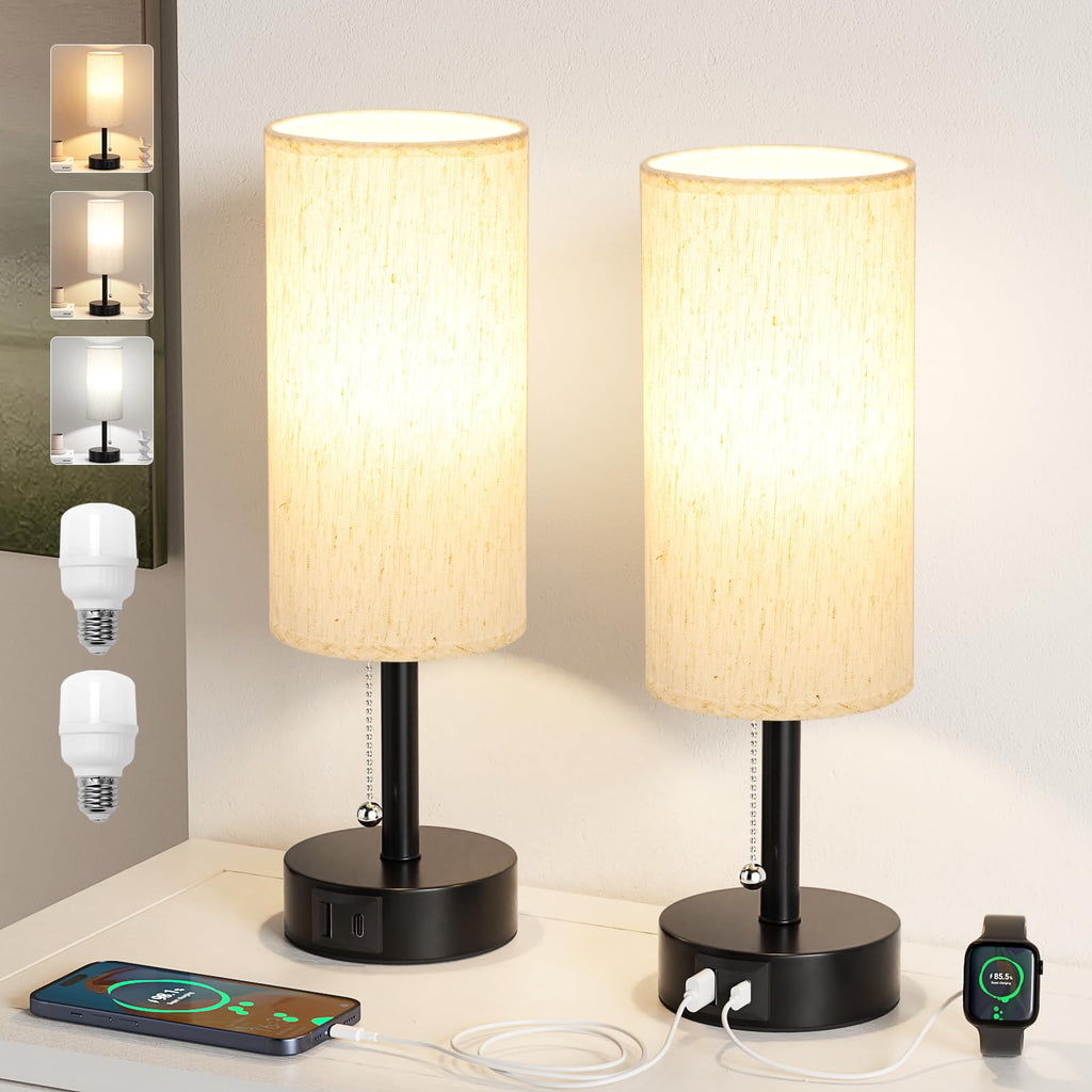 Bedside Table Lamps Set of 2-3 Color Temperatures Pull Chain Lamp with AC Outlet Charging Port, Small Round Night Stand Lamps for Bedroom Guest Room Office, Bed Side Light with E26 LED Bulbs