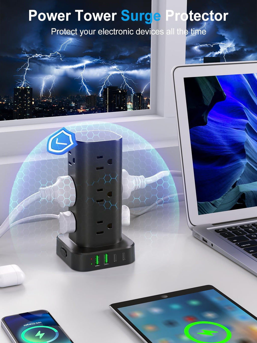 Power Strip Tower with Wireless Charger, Flat Plug Surge Protector Tower with 6FT Extension Cord, 12 AC Multiple Outlets, 4 USB (2 USB C),15W Wireless Charging Power Tower for Home Office Dorm, White