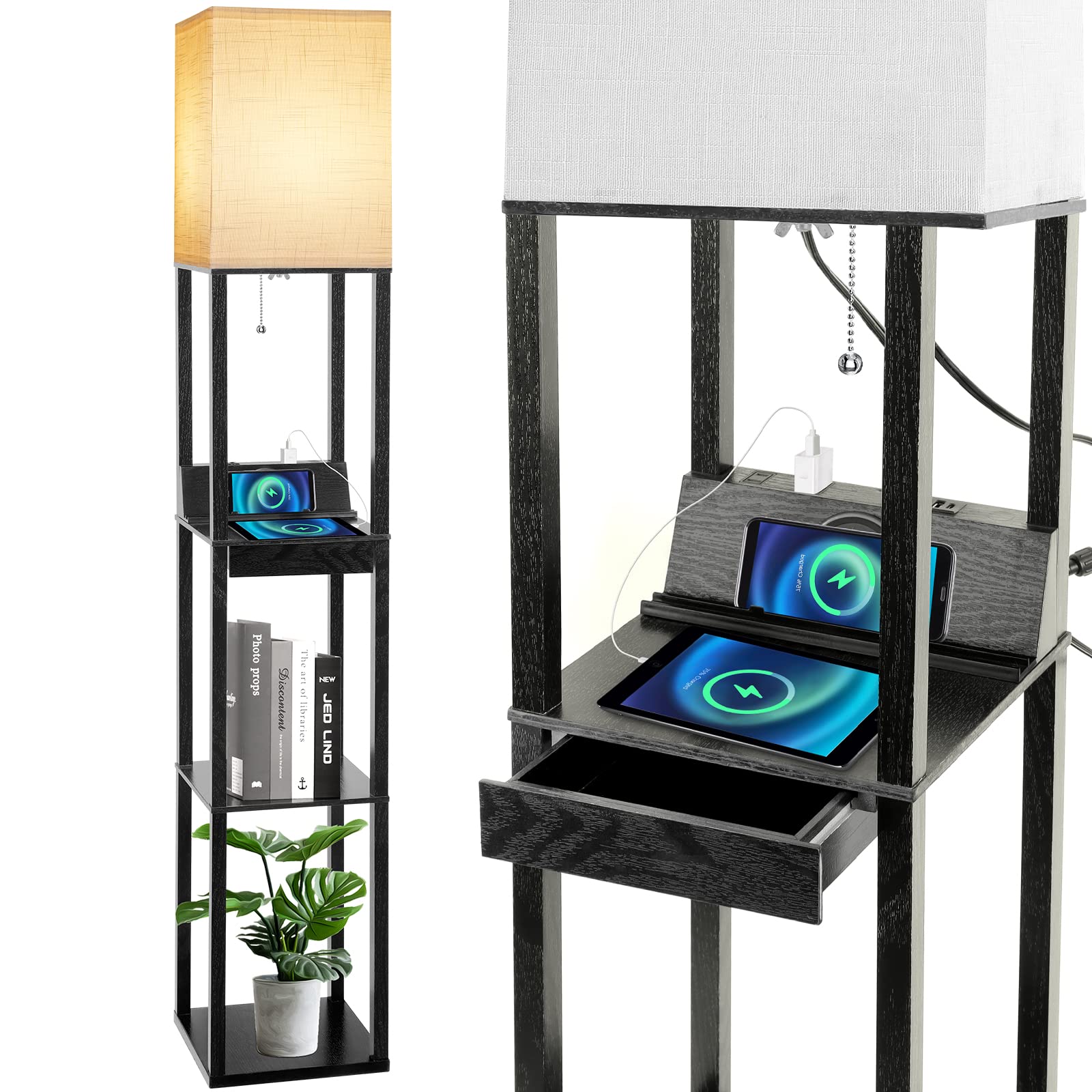 RUNTOP Floor Lamp with Shelves, Modern Shelf Lamp for Display Storage, 3 Color Temperature Wood Narrow Standing Corner Lamp with 8W Bulb for Living Room Decor, Bedroom, Office, Home Decor(Brown)