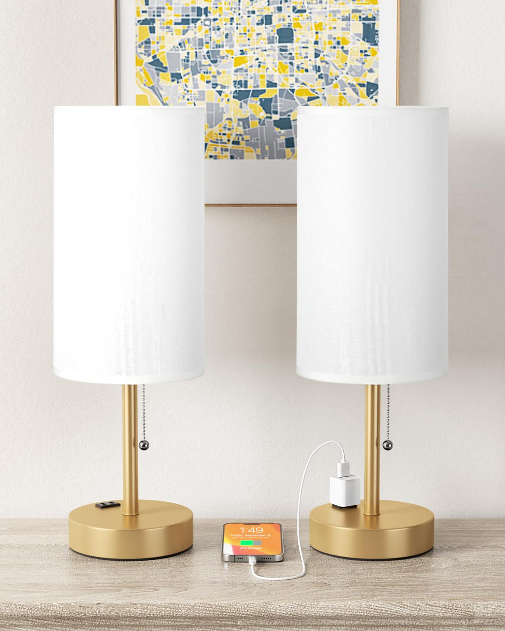Bedside Table Lamps Set of 2-3 Color Temperatures Pull Chain Lamp with AC Outlet Charging Port, Small Round Night Stand Lamps for Bedroom Guest Room Office, Bed Side Light with E26 LED Bulbs