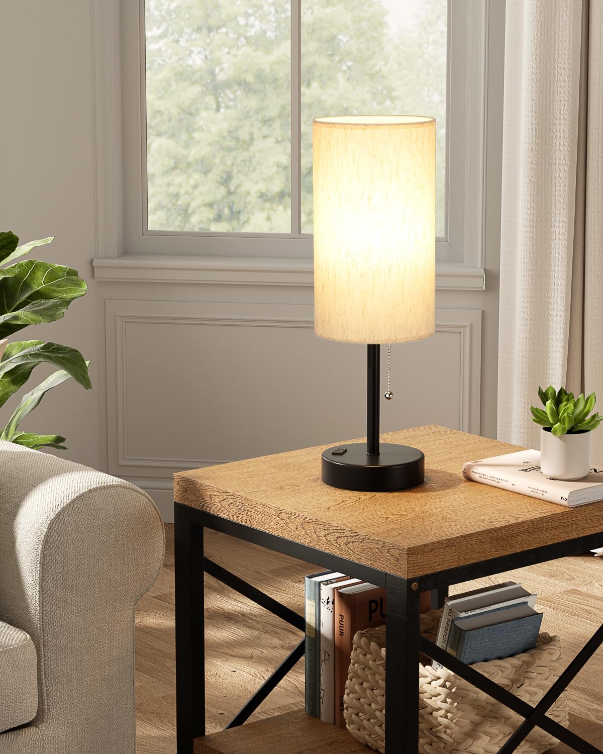 Bedside Table Lamps Set of 2-3 Color Temperatures Pull Chain Lamp with AC Outlet Charging Port, Small Round Night Stand Lamps for Bedroom Guest Room Office, Bed Side Light with E26 LED Bulbs