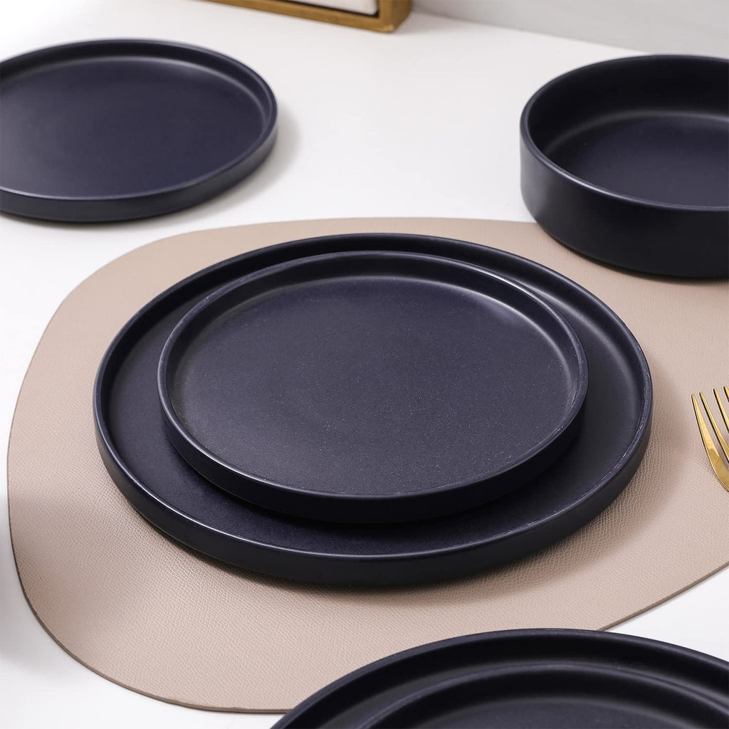 Stone Lain Celina Stoneware 16 Piece Dinnerware Set, Plates and Bowls, Black Matte Dish, Service for 4 – Minimalist Round Style, Microwave & Dishwasher Safe
