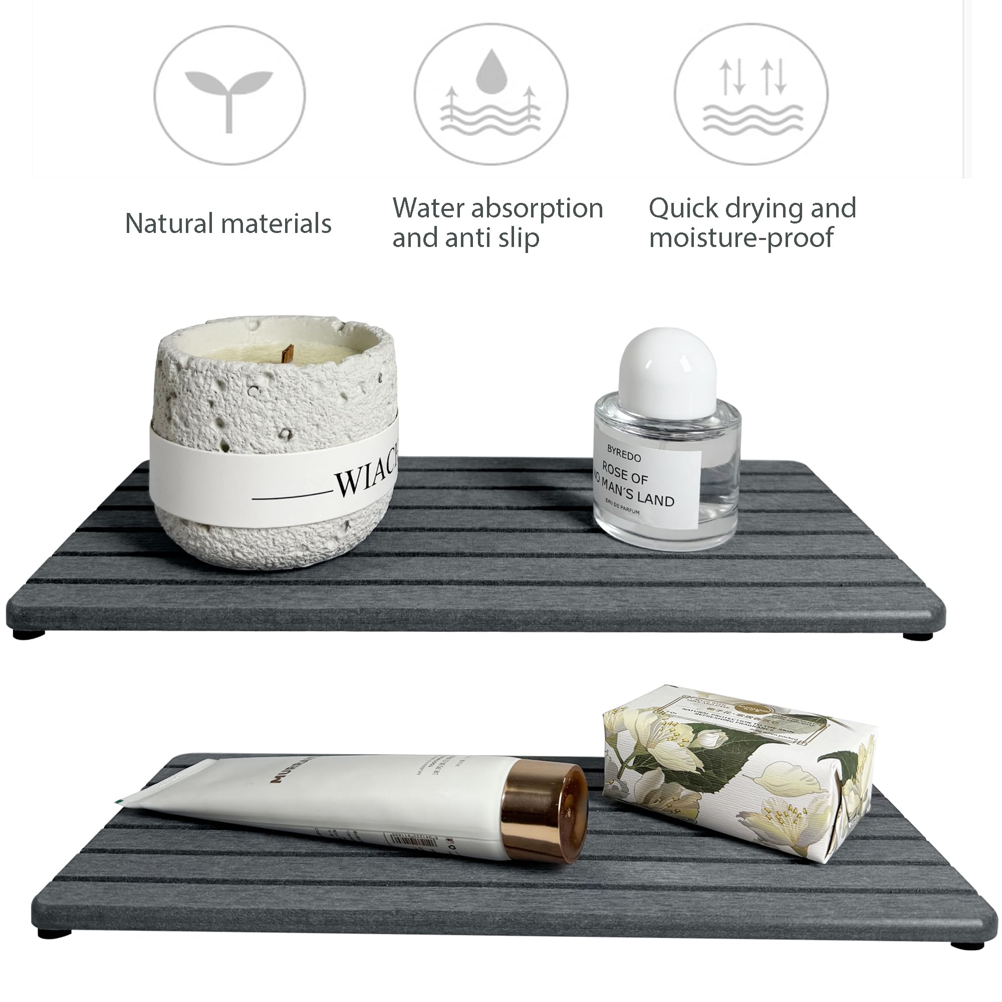 NiuYichee 2 PCS Water Absorbent diatomite Coasters, 8.3" x 4" Water Absorbing Stone Tray for Sink, Stone Drying mat for Kitchen Counter, Stone soap Tray Used for Hand Soaps & toiletries & Plants