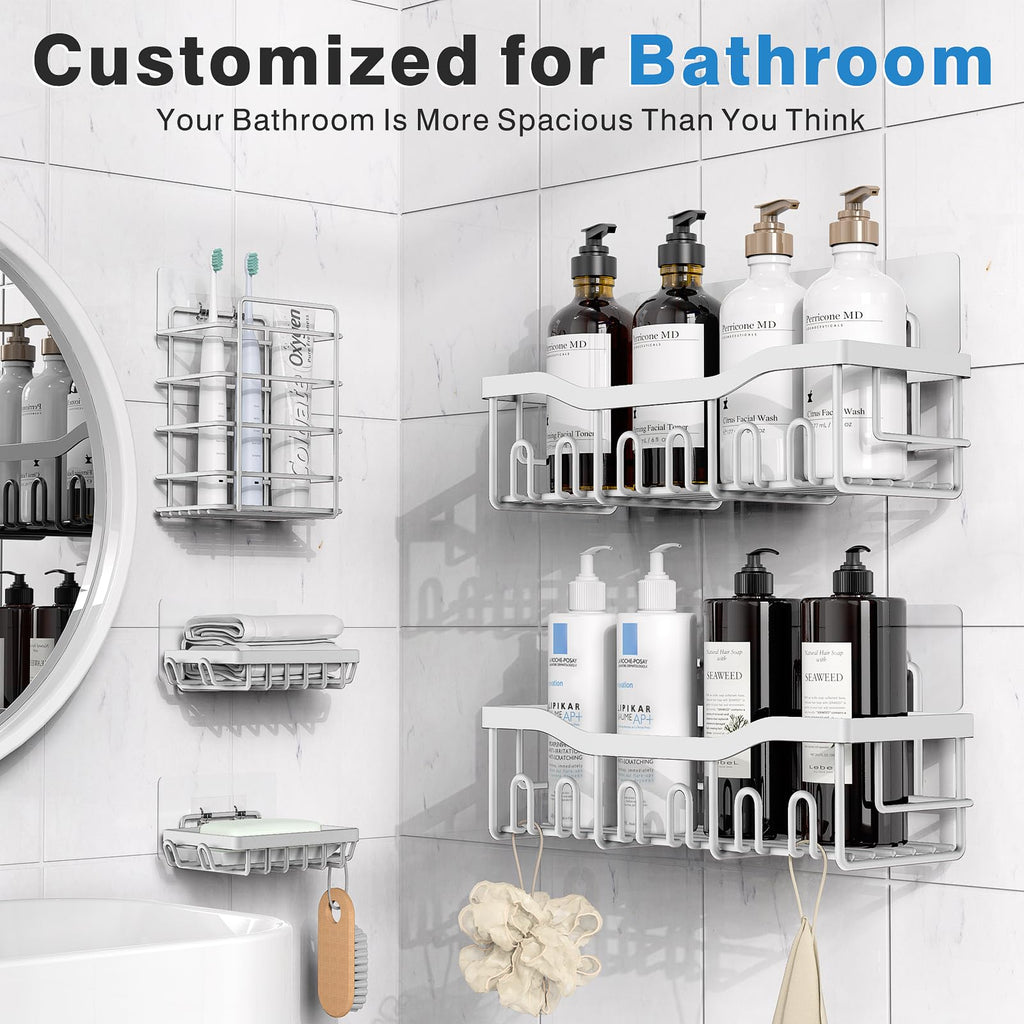 EUDELE Adhesive Shower Caddy, 5 Pack Rustproof Stainless Steel Bath Organizers With Large Capacity, No Drilling Shelves for Bathroom Storage & Home Decor