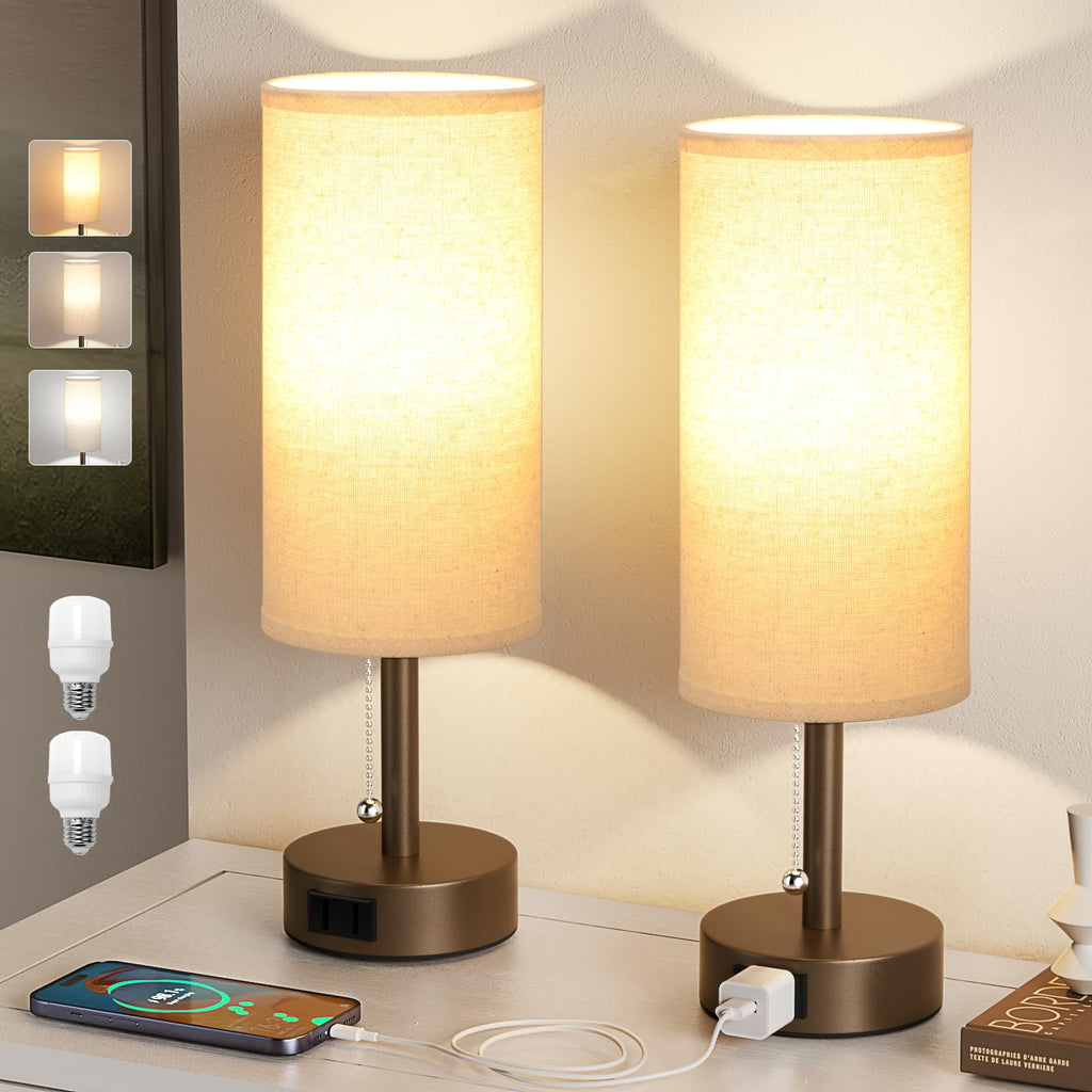 Bedside Table Lamps Set of 2-3 Color Temperatures Pull Chain Lamp with AC Outlet Charging Port, Small Round Night Stand Lamps for Bedroom Guest Room Office, Bed Side Light with E26 LED Bulbs