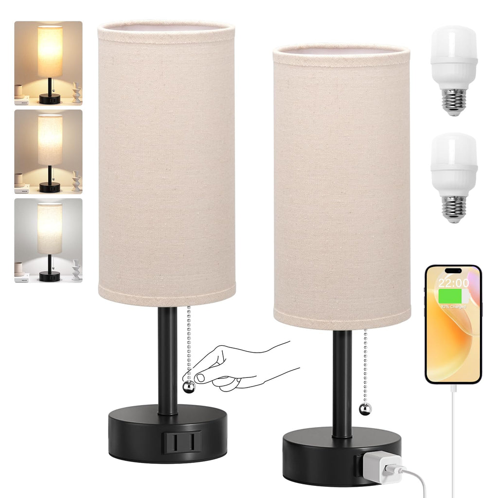 Bedside Table Lamps Set of 2-3 Color Temperatures Pull Chain Lamp with AC Outlet Charging Port, Small Round Night Stand Lamps for Bedroom Guest Room Office, Bed Side Light with E26 LED Bulbs