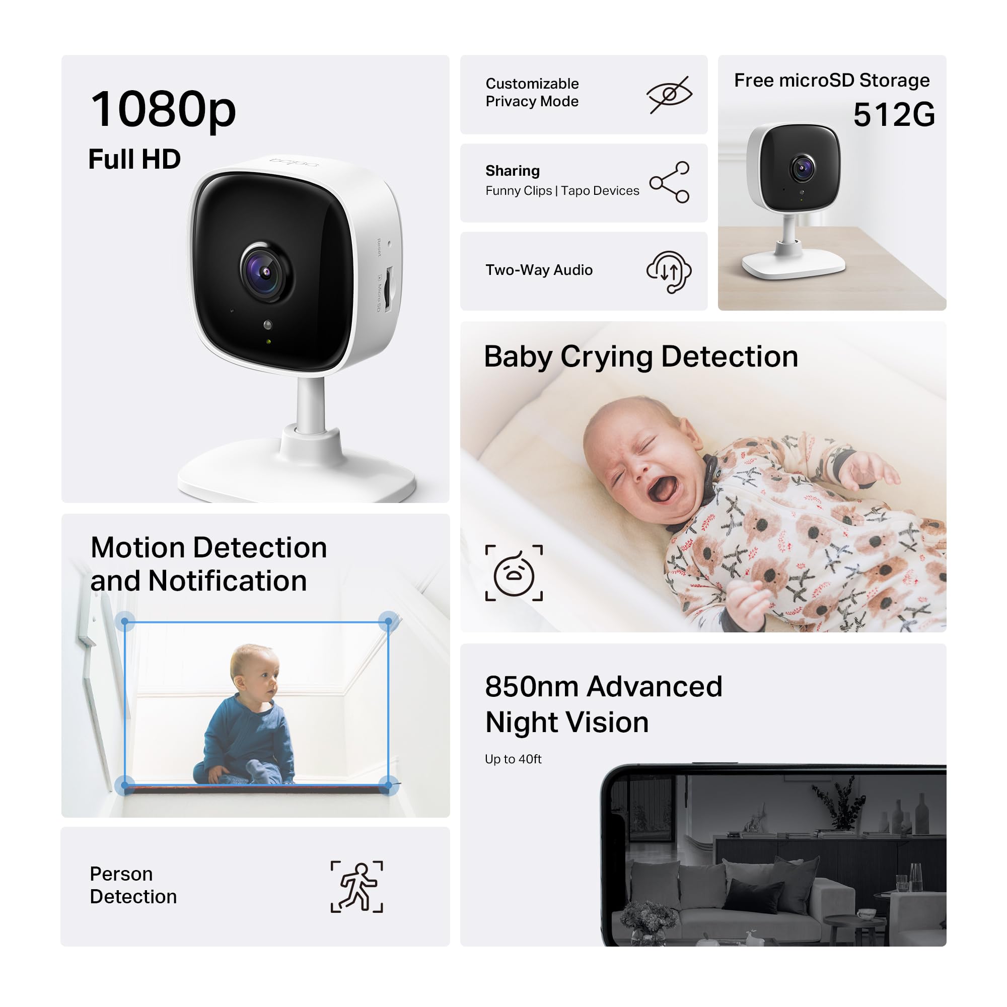 TP-Link Tapo 1080P Indoor Security Camera for Baby Monitor, Dog Camera w/Motion Detection, 2-Way Audio Siren, Night Vision, Cloud & SD Card Storage, Works w/Alexa & Google Home (Tapo C100)