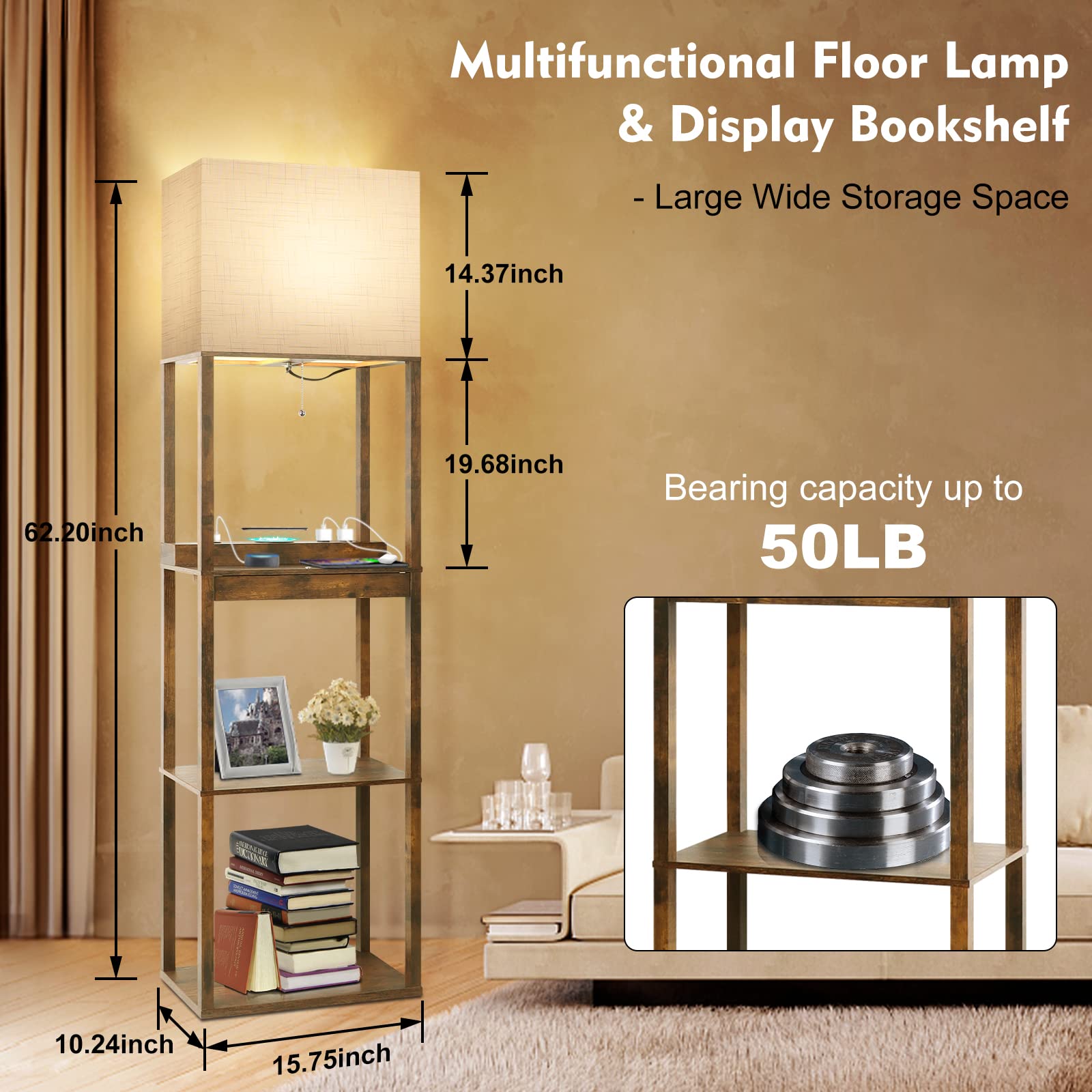 RUNTOP Floor Lamp with Shelves, Modern Shelf Lamp for Display Storage, 3 Color Temperature Wood Narrow Standing Corner Lamp with 8W Bulb for Living Room Decor, Bedroom, Office, Home Decor(Brown)