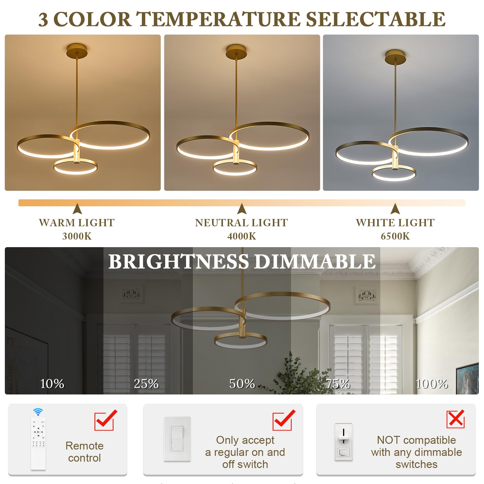 Black LED Chandelier for Dining Room, 27.76in Dimmable 4-Lights Modern Ceiling Pendant Light Fixture for Kitchen Living Room Entry Foyer 3000K/4000K/5000K 24W