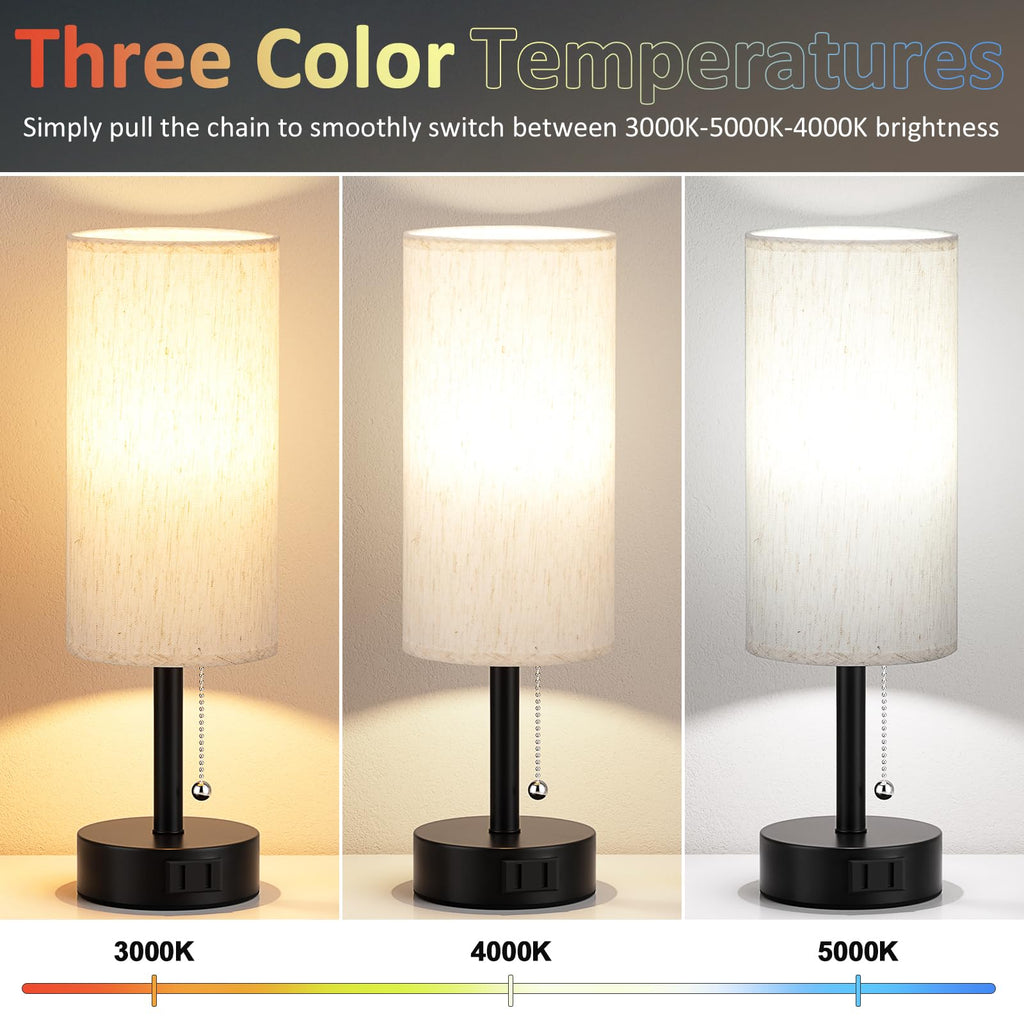 Bedside Table Lamps Set of 2-3 Color Temperatures Pull Chain Lamp with AC Outlet Charging Port, Small Round Night Stand Lamps for Bedroom Guest Room Office, Bed Side Light with E26 LED Bulbs