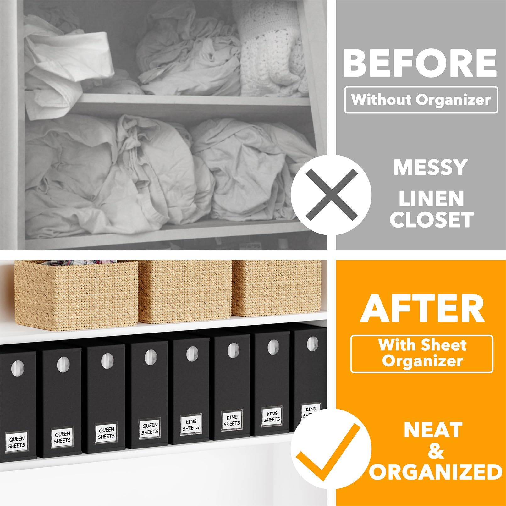 SpaceAid 4 Pack Bed Sheet Organizers and Storage, Foldable Organizer for Linen Closet, Sheets Set Folder Keeper with Window XL (Queen & King Size) Organizing Bedding Container, Gray 91ZDSN-SL01-G4