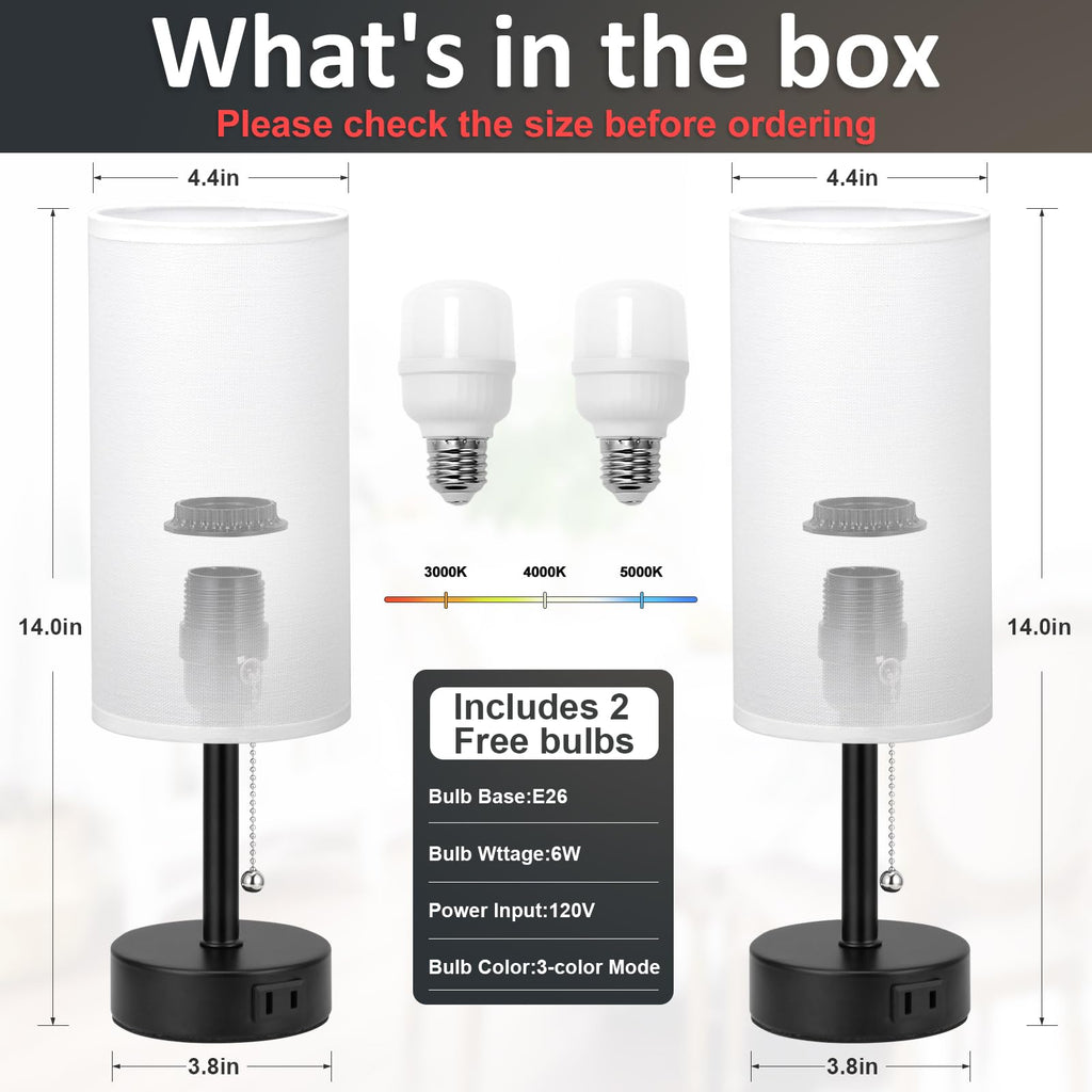 Bedside Table Lamps Set of 2-3 Color Temperatures Pull Chain Lamp with AC Outlet Charging Port, Small Round Night Stand Lamps for Bedroom Guest Room Office, Bed Side Light with E26 LED Bulbs