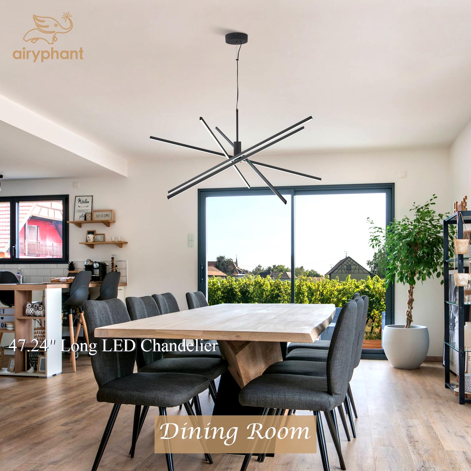 Black LED Chandelier for Dining Room, 27.76in Dimmable 4-Lights Modern Ceiling Pendant Light Fixture for Kitchen Living Room Entry Foyer 3000K/4000K/5000K 24W