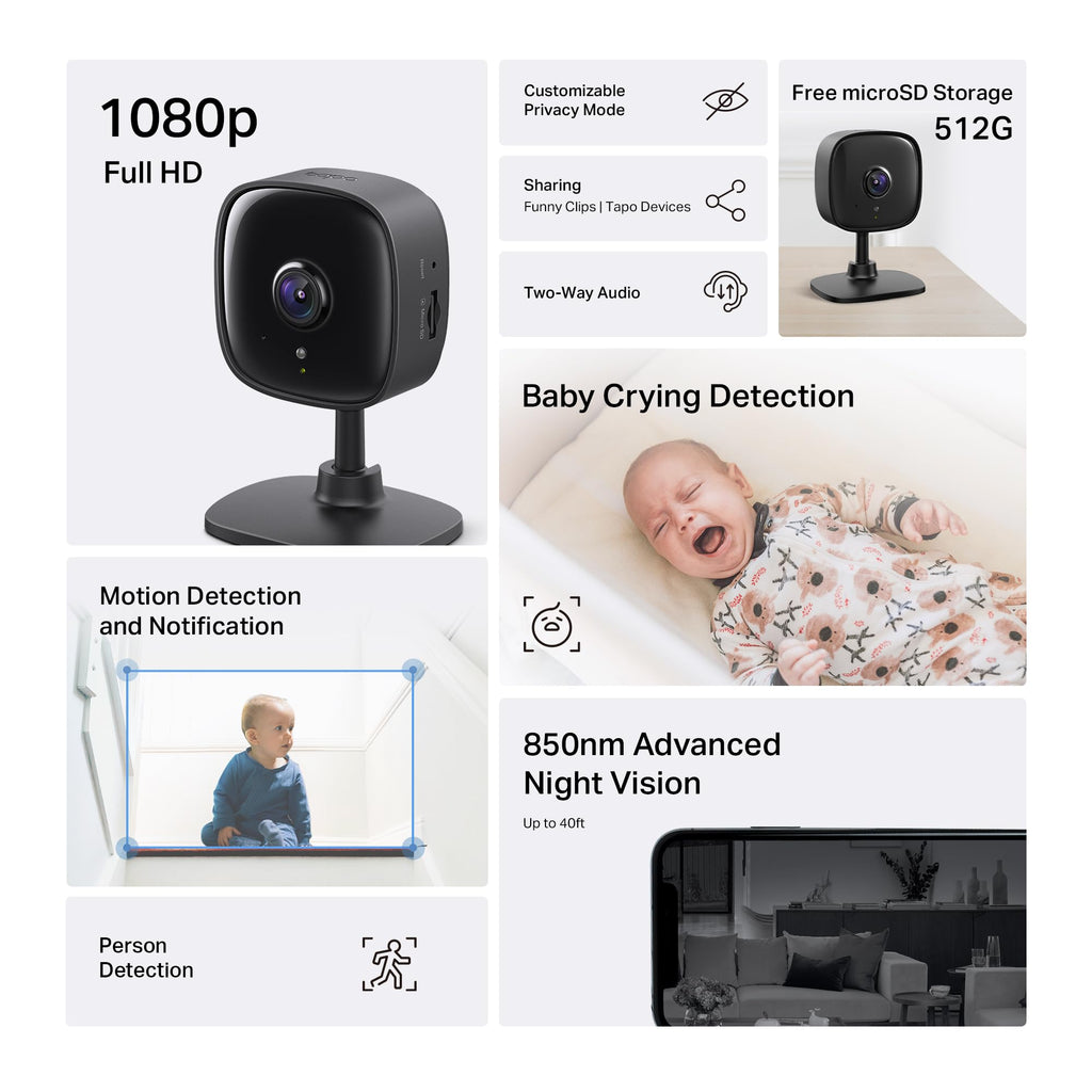 TP-Link Tapo 1080P Indoor Security Camera for Baby Monitor, Dog Camera w/Motion Detection, 2-Way Audio Siren, Night Vision, Cloud & SD Card Storage, Works w/Alexa & Google Home (Tapo C100)