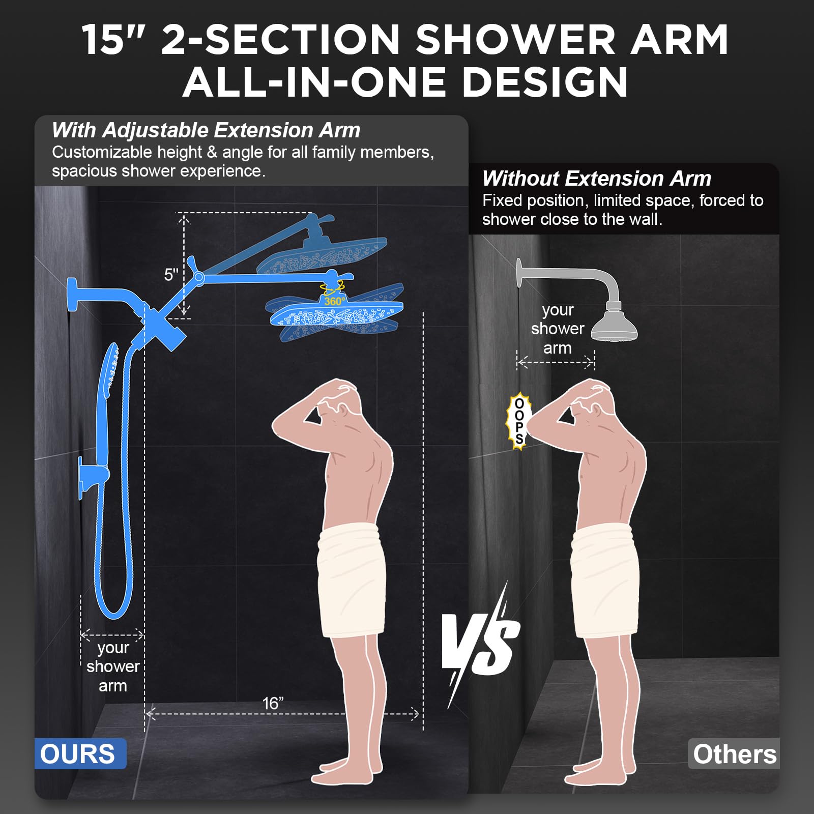 Veken Wide High Pressure Rain Shower Head with Handheld, Handheld Shower Heads with Multi Spray Modes, Rainfall Combo with 15" Metal Extension Arm,Detachable Dual Shower, Bathroom Decor,Chrome Silver